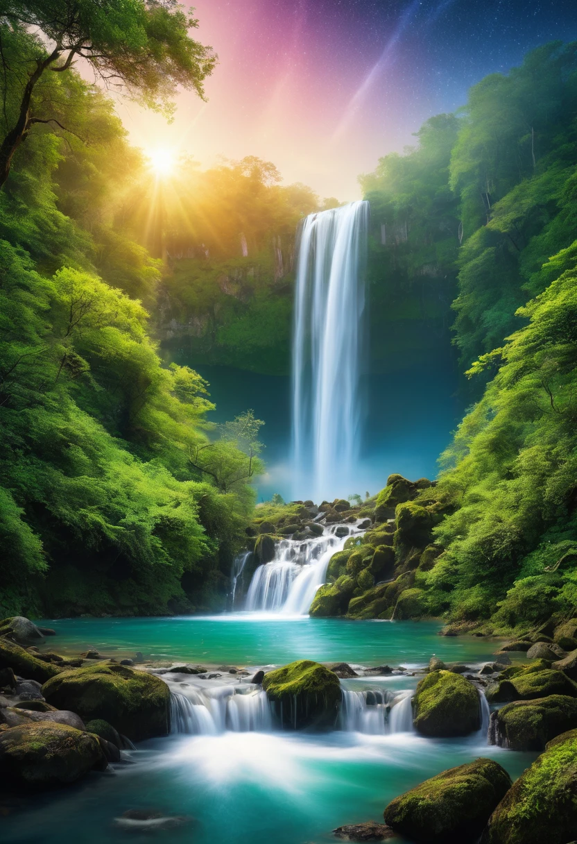 Waterfall, full moon and heat haze combine, mystical atmosphere, big waterfall, reflective water, ultrahigh definition, 3D depth, inspired by Leonardo da Vinci, Rembrandt, J.M.W. Turner