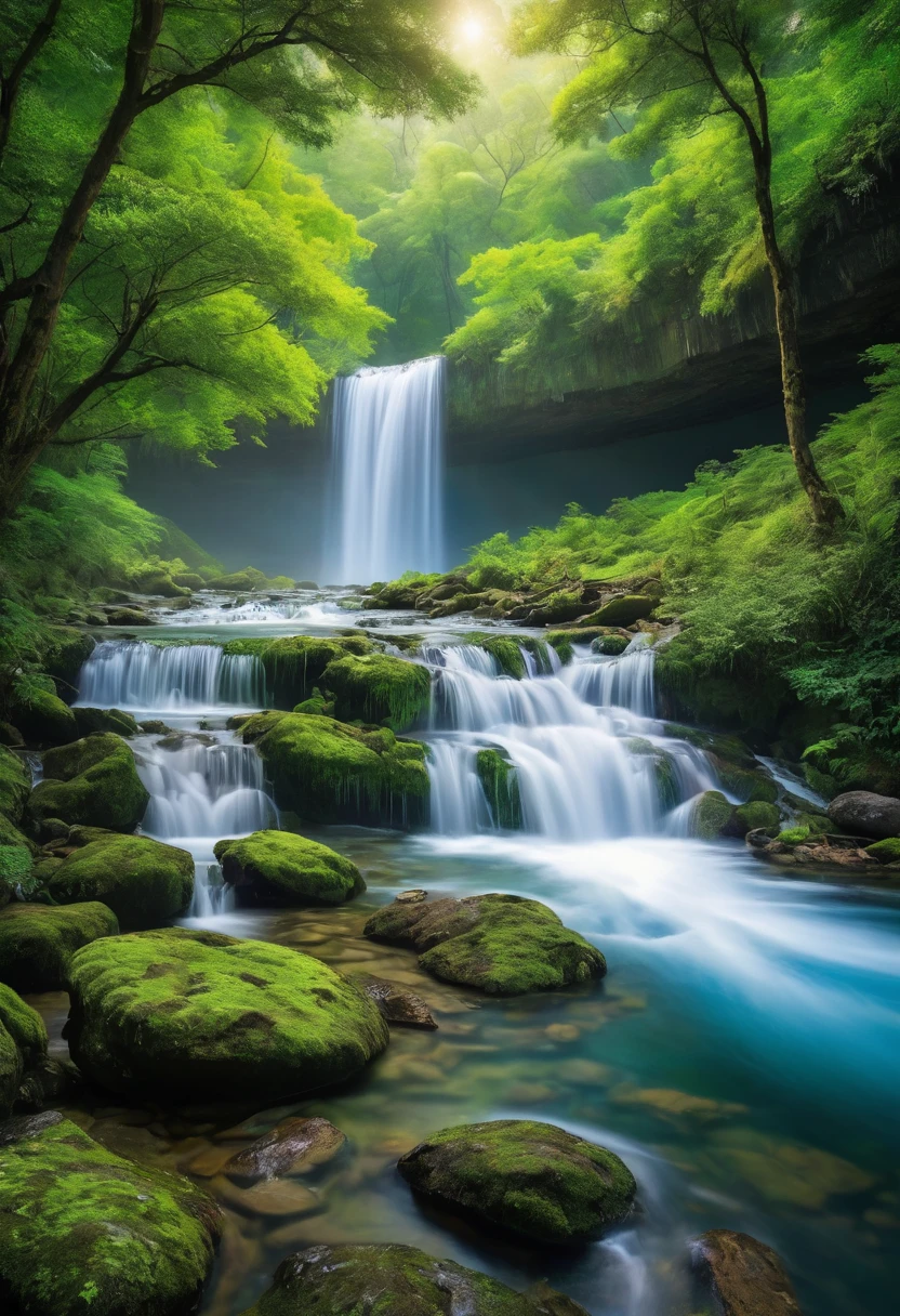 Waterfall, full moon and heat haze combine, mystical atmosphere, big waterfall, reflective water, ultrahigh definition, 3D depth, inspired by Leonardo da Vinci, Rembrandt, J.M.W. Turner