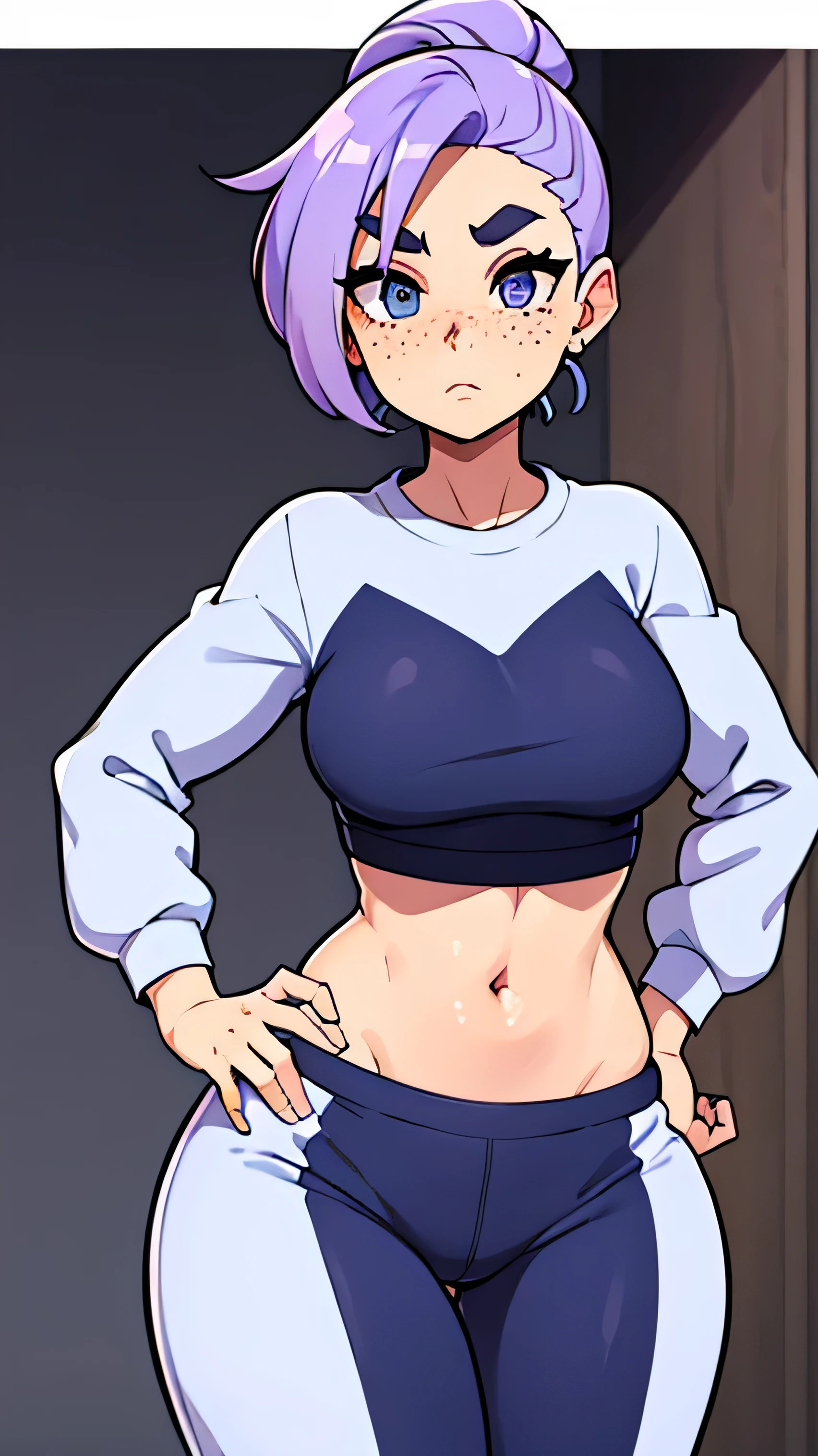 Woman in crop top and sweats, lavender and light blue hair, cute thick eyebrows, brown eyes, freckles, cute expression