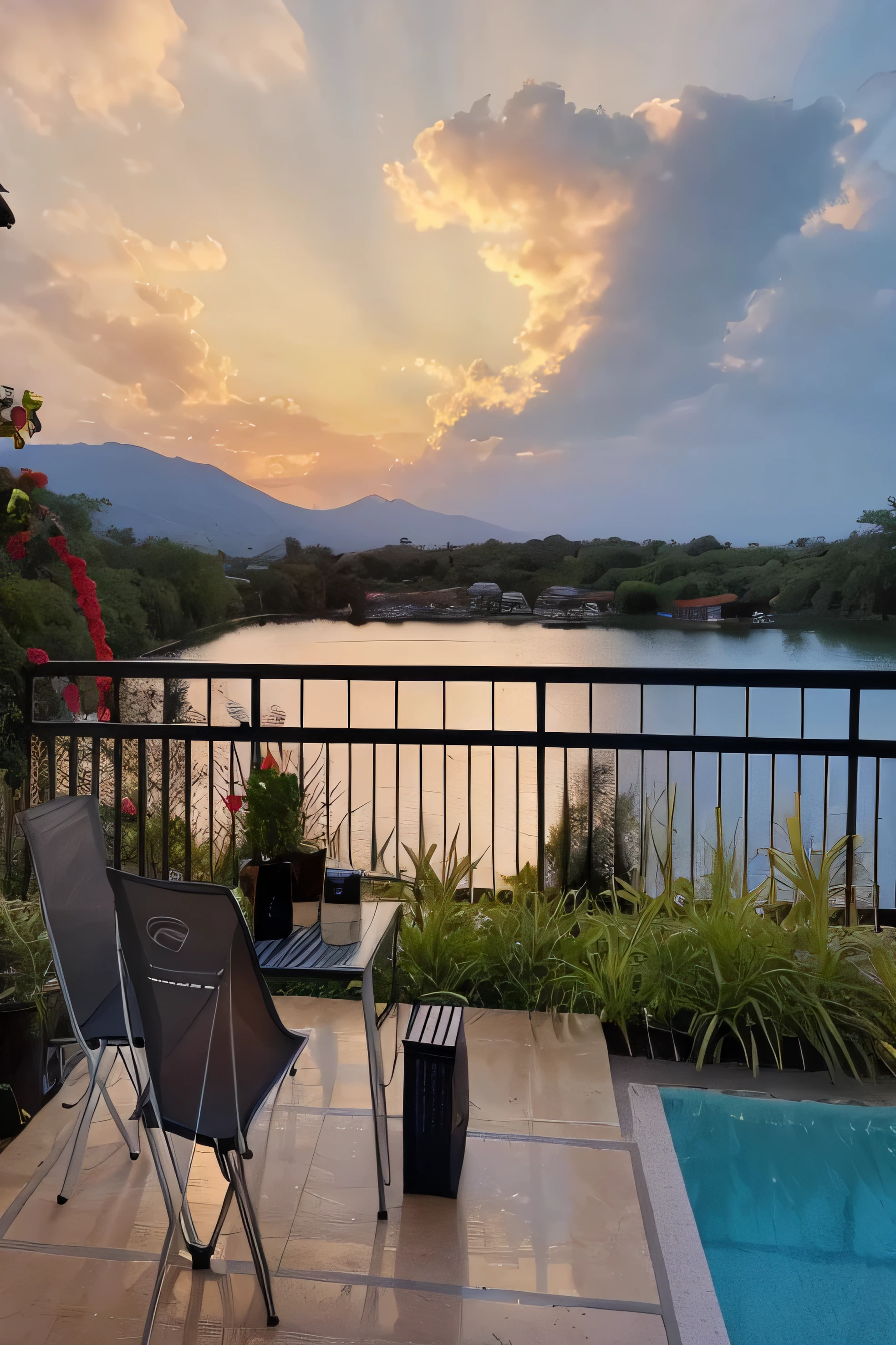 there is a patio with a table and chairs overlooking a lake, sunset view, chill time. good view, paradise in the background, all in the amazing outdoors view, beautful view, scenic view, during sunset, beautiful scenic view, summer setting, night setting, day setting, dusk setting, with sunset, detailed scenic view, sunset time, great view