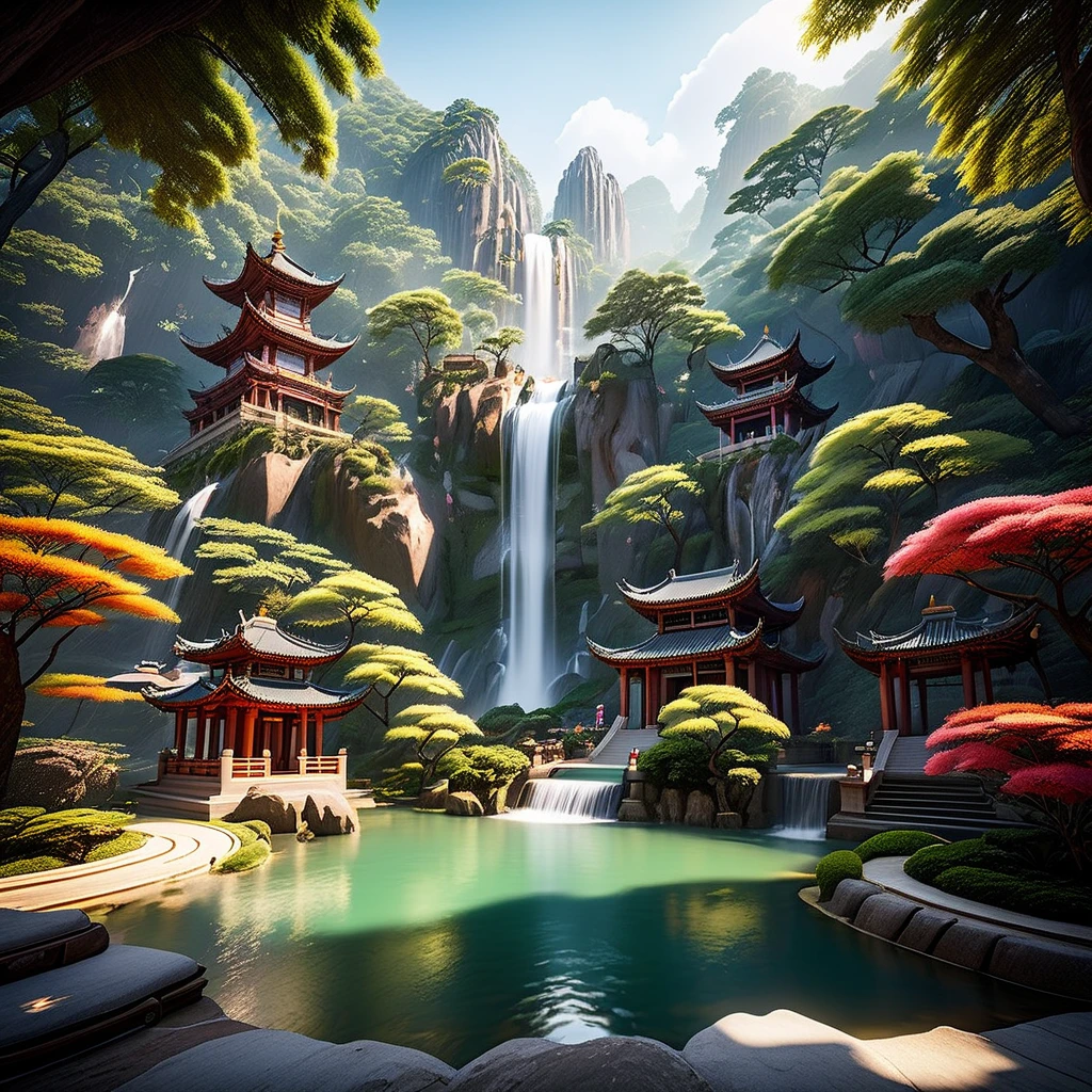 Close-up waterfall.Utopia&#39;s modern architecture and Zen-like landscaping.Lotus blooming in the pond, The magnificent Feiquan Waterfall pours down，Crystal clear pond,rock.Landscaping soft sunlight shines through the dome, Create a comfortable atmosphere, Ray tracing, Vignetting, Wide-angle lens, super wide angle, best qualitycinematic lighting, depth of field, outside border, negative space, letterboxed zen aesthetic, Zen, Zen meditation, Soft Zen Simplicity,(best quality,4k,8k,high resolution,masterpiece:1.2),Super detailed,(actual,photoactual,photo-actual:1.37),anatomically correct...