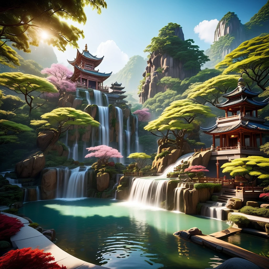 Utopia's architecture and Zen-like landscaping.Vibrant flora and fauna, The magnificent Feiquan Waterfall pours down,Crystal clear pond,rock.Landscaping soft sunlight shines through the dome, Create a comfortable atmosphere, Ray tracing, Vignetting, Wide-angle lens, super wide angle, best qualitycinematic lighting, depth of field, outside border, negative space, letterboxed zen aesthetic, Zen, Zen meditation, Soft Zen Simplicity,(best quality,4k,8k,high resolution,masterpiece:1.2),Super detailed,(actual,photoactual,photo-actual:1.37),anatomically correct...