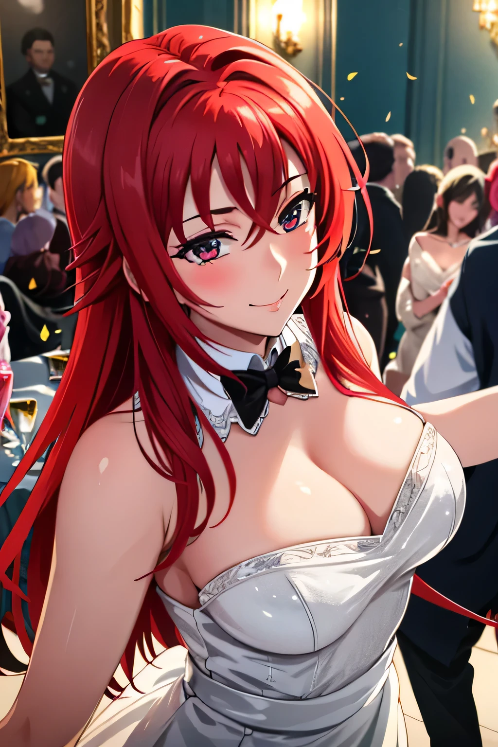 (best quality,8k,highres,masterpiece:1.2),ultra-detailed,(realistic,photorealistic,photo-realistic:1.37),Rias Gremory,ball,party,dress,eyes shining,detailed face,vivid colors,background with people,16k resolution,illustration,sparkling lights,celebration,dancing,beautifully decorated venue,warm atmosphere,lively music,dancing couples,enjoying drinks and conversations,confetti in the air,balloons in vibrant colors,glamorous outfits,exquisite ball gown and tuxedo,champagne glasses raised in toasts,laughter and smiles,energetic dance moves and twirls,people socializing and having fun,group photos and selfies,exquisite makeup and hairstyle,ornate chandeliers casting a soft glow,warm candlelight illuminating the scene,elegant and classy ambiance,excitement and joy filling the air,memorable and enchanting evening, dress, light smile
