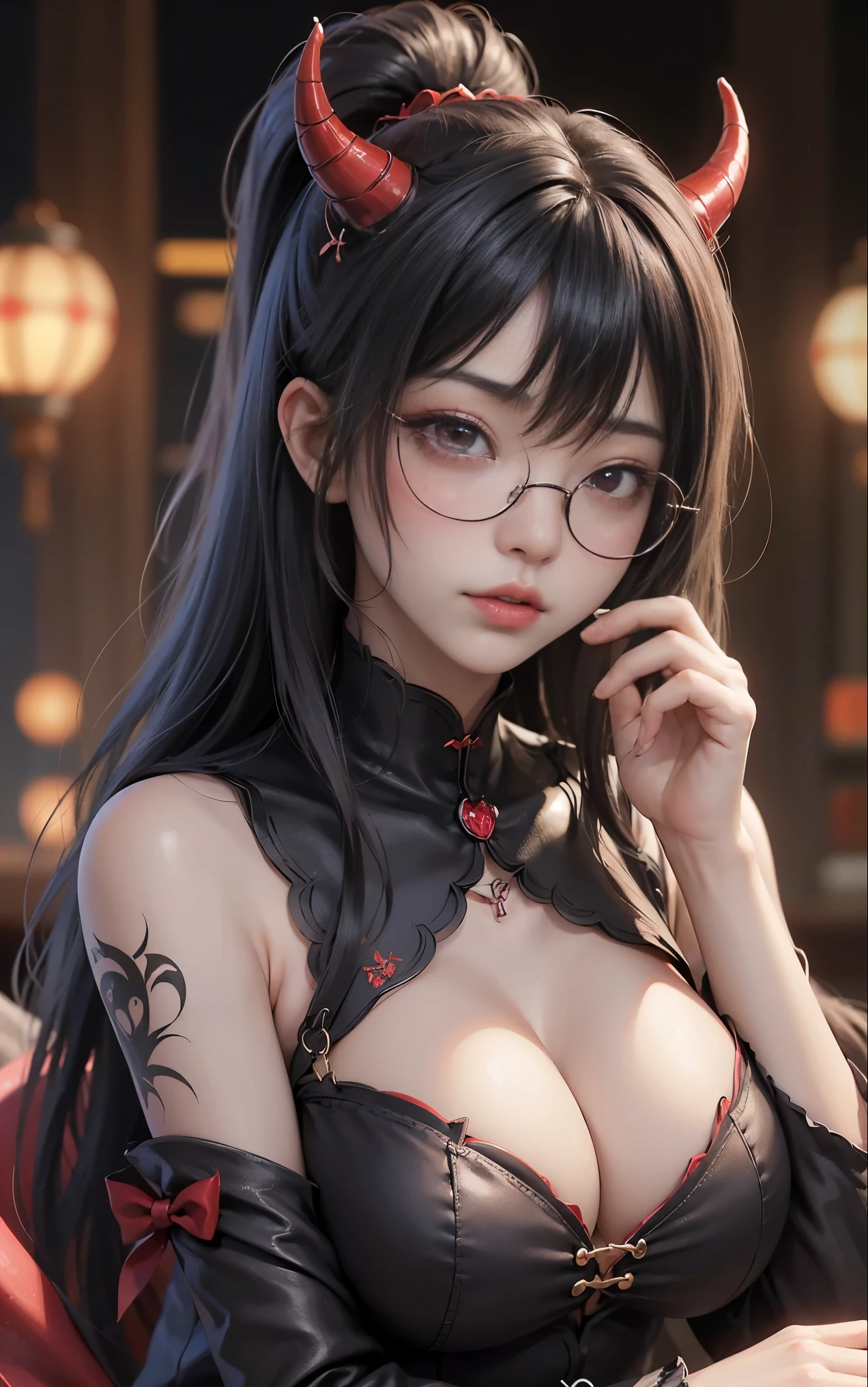 got itですかですか、(best illustrations)、8k UHD resolution、intricate details、highest quality、realistic、Super detailed、best lighting、best shadow、soft lighting、ultra hd、超realistic、Tyndall effect、Photoreal、(high detail skin:1.2)、 (intricate details, compensate, face to face with the children_v1:0.5), (got it, beautiful and delicate face, got itですか, beautiful and delicate eyes, perfectly proportioned face, high resolution skins, fine skin, Optimal ratio of 4 fingers and 1 thumb, arm under chest, red tattoo on lower abdomen、Wow wow, wide hips, smooth abdomen, thin and thin skin, __fashion__, __hair__:1.25)、Digital single-lens reflex camera、 absurd、(table top: 1.3), (maximum resolution: 1.2), (ultra hdTV: 1.2), cinematic light, fine eyes and skin, detailed facial features, , (sharp focus: 1.2), (focus on the face:1.2),perfect style, beautiful face, acura, anatomically correct, Highly detailed face and skin texture, fine eyes, double eyelid, thin eyebrows, glitter eyeliner: 1 natural cheeks, Glossy skin, Fair skin: 1.2, (glossy lips: 1.4),(embarrassed look: 1.2),Highly detailed face and skin texture, fine eyes, double eyelid, natural cheeks, glossy lips: 1.4,exposed cleavage、Bewitching。charm、 Beautiful devil woman from hell, デヴィッド・ホックニーとアルフォンス・ミュシャによる超realistic女性の肖像画, charm女性の肖像画、fantasy art, Chinese humanoid robot、chinese actress、dungeon、dragon、devil'palace of、devil'torture chamber、night、dark style 、in the dark、(detailed spooky background:0.8), magic、 1 girl、evil nun、dark necromancer、Succubus、devil'Daughter of、Shinonome Umi、bat wings,(((devil'Horn)))、 ((((giant glasses, otaku glasses, thick glasses, round glasses)))),(((big breasts)))、(devil'tail)、(red eyesは光り輝いて:1.6)、red eyesは非常に鮮明で詳細です, your eyes are so beautifully made, ((red eyes:1.0)),intricate tattoo, demonic intricate tattoo, thigh tattoo, body tattoo, masterpiece、最もbeautiful face、baby face、cute smile、beautiful plump red lips、筋肉のcharm体、devilのcharm体、devil style、charmブラックマジックコスチューム、The long-haired、Braid、Black hair、Ponytail distortion、, Ponytail with a bow tied at the back of the hair, beautiful expression、body up、big breasts強調、bust, super tight chest, Breast augmentation surgery, Breasts are very big and round,tight waist、wide ass、 secret key, cowboy lens, (black phoenix dress: 1.0), devil crown, Red Gemstone Necklace、Jewelry G Wise, Please wear black mesh socks,wearing light red、nffsw, nffsw, Meeting beautiful girls, look at the girl'Main body,