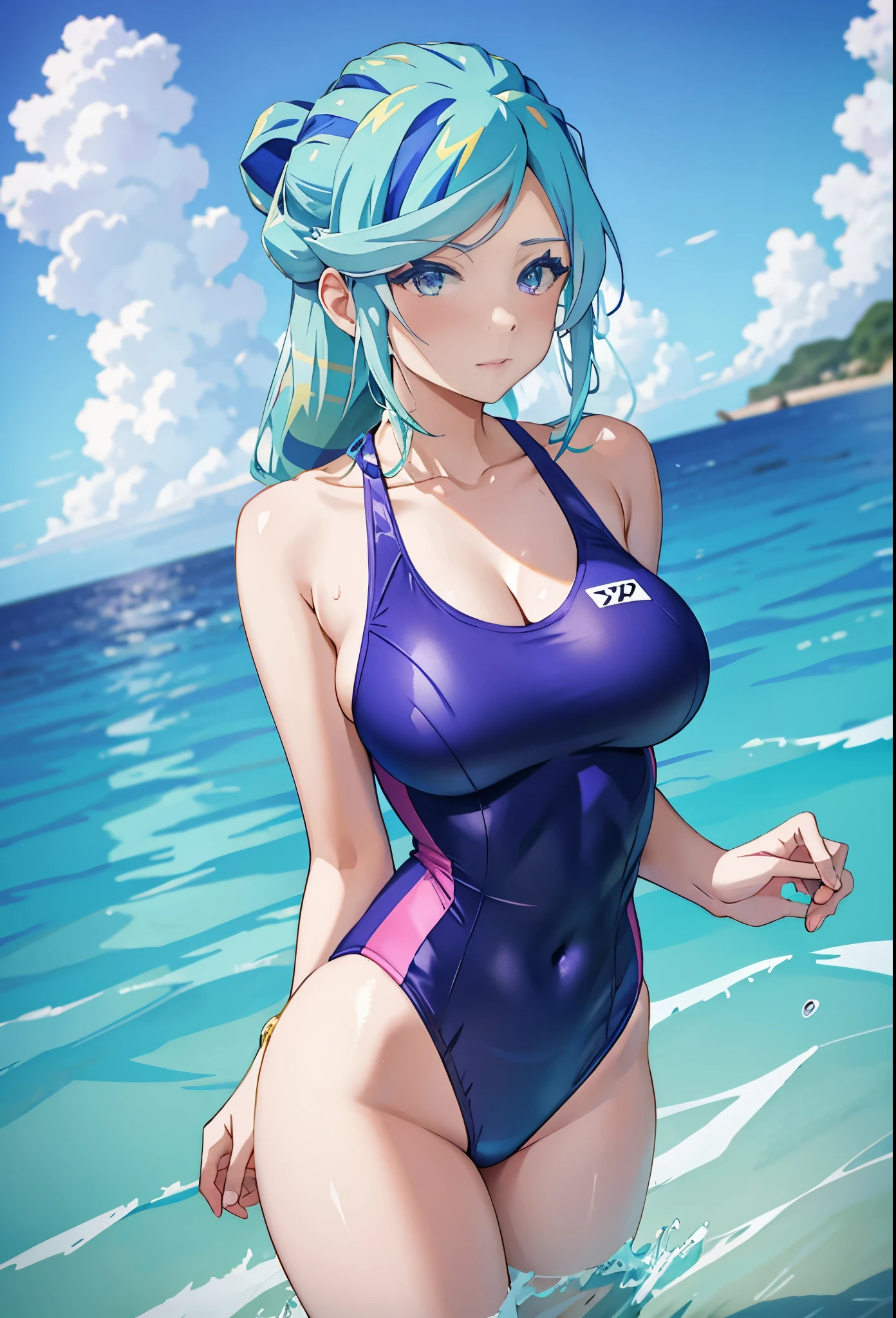 anime woman in a lightblue and purple swimsuit on the beach waving、long green hair woman、blue eyed woman、Braid、is wearing a swimsuit、ワンピースswimsuit、clothing:ハイカットswimsuit、swimsuit、A woman wearing a light blue and purple tank suit、ワンピースswimsuit着用、wet swimsuit、Light blue and purple high-leg racing swimwear、競泳swimsuit、Light blue and purple high-leg racing swimsuit、(anime woman)、on the beach、cute boy wearing tank suit、水泳競技用swimsuit、cute anime woman、cool woman wearing competition swimsuit、 cool anime woman、big breasts、woman with very large breasts、tall woman、adult sex appeal、in the sea、pretty anime woman、anime moe art style、Smooth anime CG art、Also、anime best women、naughty anime style、!!full body portrait!!、beautiful charming anime teen、