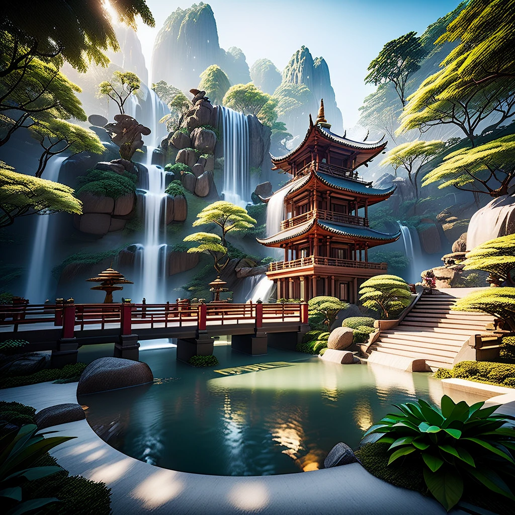 Utopia's modern architecture and Zen-like landscaping.Vibrant flora and fauna, The magnificent Feiquan Waterfall pours down,Crystal clear pond,rock.Landscaping soft sunlight shines through the dome, Create a comfortable atmosphere, Ray tracing, Vignetting, Wide-angle lens, super wide angle, best qualitycinematic lighting, depth of field, outside border, negative space, letterboxed zen aesthetic, Zen, Zen meditation, Soft Zen Simplicity,(best quality,4k,8k,high resolution,masterpiece:1.2),Super detailed,(actual,photoactual,photo-actual:1.37),anatomically correct...