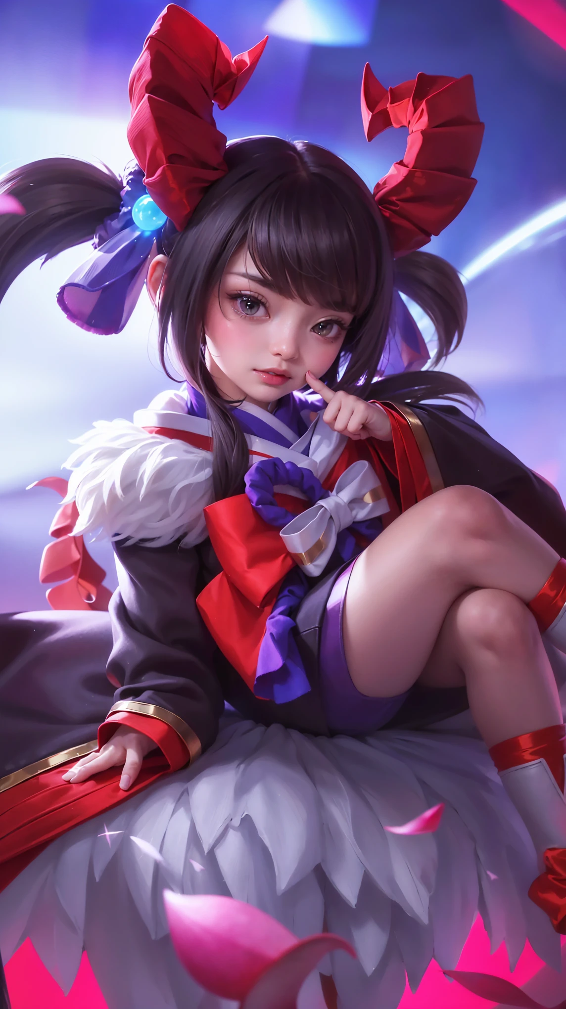 (8k, RAW photo, photorealistic:1.25) ,( lipgloss, eyelashes, gloss-face, glossy skin, best quality, ultra highres, depth of field, chromatic aberration, caustics, Broad lighting, natural shading, looking at viewer with a serene and goddess-like happiness, change from mobile legend game, black hair, red eyes, green ribbon, green kimono outfit, dynamic pose, outer space, relisem,