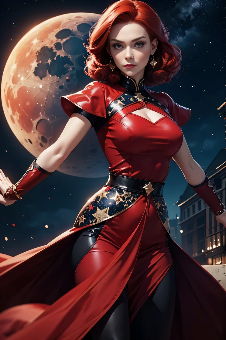 woman that have red hair , 1 mature woman , wearing red blue and black outfit , moons and stars pattern, poses looking cool, ,