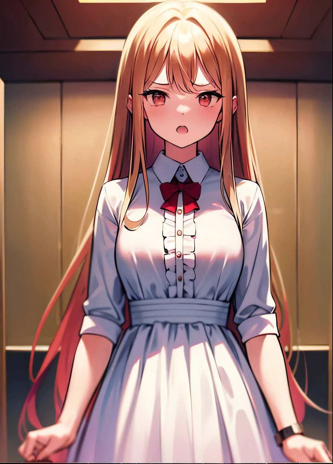 2 girls, masterpiec, Watch the best quality of the audience, ,  indoor, Blonde hair, dress, Symmetrical_docking，terrifed，plumw，boobgasm                                           .girl_1 : long hair ,red hair ,tall                                 girl_2 : long hair ,silver hair,tall
