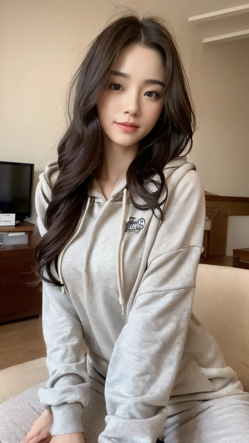 ((top-quality、8k、masterpiece:1.3))、Beautiful woman with perfect body:1.4、slim abdomen:1.2、Longhair, normal breast, Highly detailed facial and skin texture, A detailed eye, delicate eyes, double eyelid, (smile), (full body shot), ((living room)), (sitting on sofa), ((wearing hoodie)), looking in front