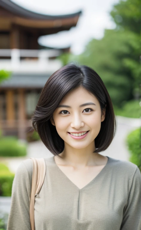 Portrait、8k、high quality、realistic photo images、29-year-old、japanese woman、neat wife、、housewife、Reproduces natural and realistic eyes、japanese stand、beautiful black hair、short hair、light makeup、octane rendering、beautiful lighting、composition of golden ratio、laughter、everyday wear、casual clothes、natural background、blurred background、High level image quality、Pure Japanese humanity、beautiful wife、Upper body、light makeup、No makeup、pure beauty、plain clothes、grey、beige、green、Plain color、casual clothes、slight smile、small black eyes、background bokeh