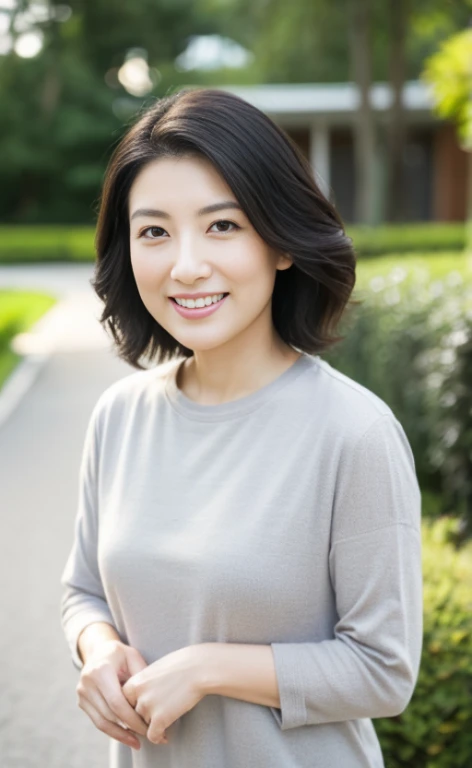 Portrait、8k、high quality、realistic photo images、29-year-old、japanese woman、neat wife、、housewife、Reproduces natural and realistic eyes、japanese stand、beautiful black hair、short hair、light makeup、octane rendering、beautiful lighting、composition of golden ratio、laughter、everyday wear、casual clothes、natural background、blurred background、High level image quality、Pure Japanese humanity、beautiful wife、Upper body、light makeup、No makeup、pure beauty、plain clothes、grey、beige、green、Plain color、casual clothes、slight smile、small black eyes、background bokeh
