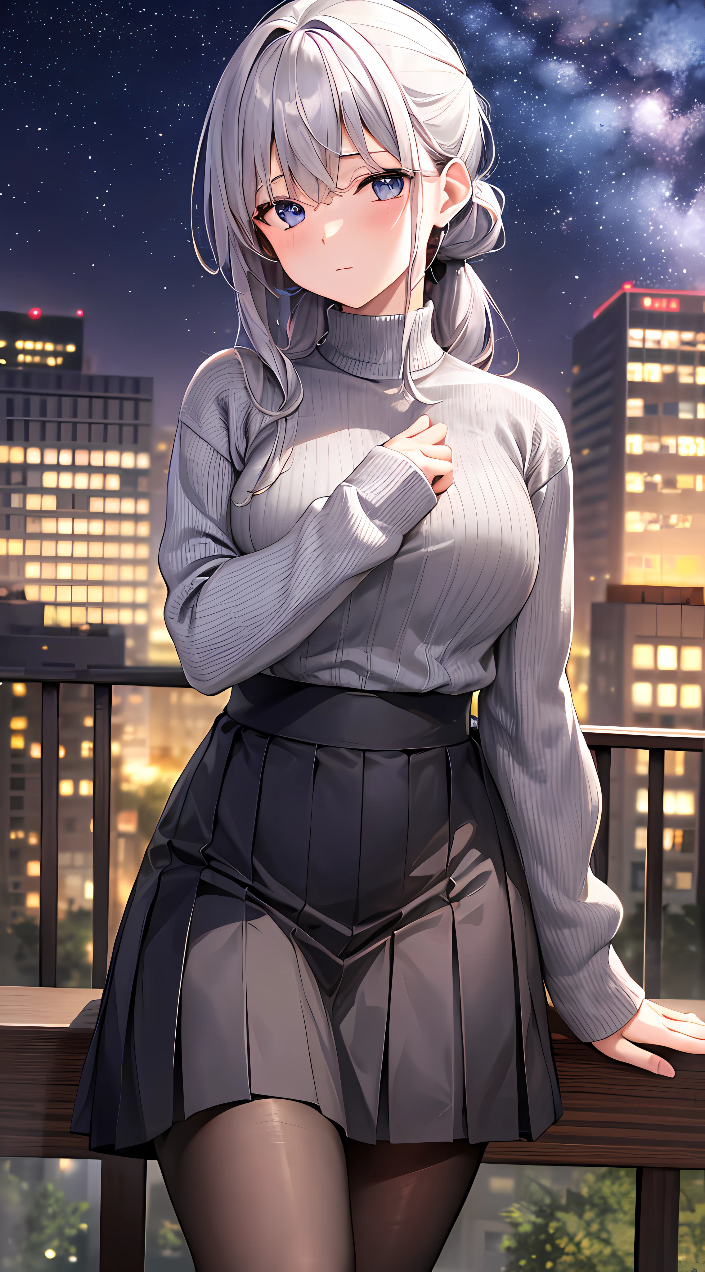 tmasterpiece,Best quality at best, unbelievable_absurd res, Original, the night, As estrelas, milky ways, beautiful detailed sky, view over city,Mature woman, whaite hair, French ponytail, light blush, dark strong blue eye, purplesweater, gray pleats_a skirt, black pantyhoses, Black knees_boots, looking at viewert, all_body,