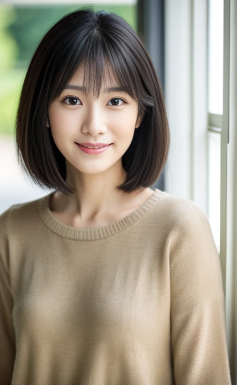 Portrait、8k、high quality、realistic photo images、29-year-old、japanese woman、neat wife、、housewife、Reproduces natural and realistic eyes、japanese stand、beautiful black hair、short hair、light makeup、octane rendering、beautiful lighting、composition of golden ratio、laughter、everyday wear、casual clothes、natural background、blurred background、High level image quality、Pure Japanese humanity、beautiful wife、Upper body、light makeup、No makeup、pure beauty、plain clothes、grey、beige、green、Plain color、casual clothes、slight smile、small black eyes、background bokeh