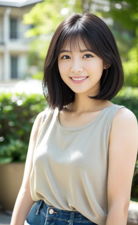 Portrait、8k、high quality、realistic photographic image、28 years old、japanese woman、Reproduces natural and realistic eyes、japanese stand、beautiful black hair、bob cut hair、light makeup、Octane firm、beautiful lighting、composition of golden ratio、laughter、everyday wear、casual clothes、natural background、blurred background、high level emotion、Pure Japanese humanity、beautiful wife、Upper body、light makeup、No makeup、 beauty、plain clothes、green、Plain color、casual clothes、slight smile、small black eyes、background bokeh