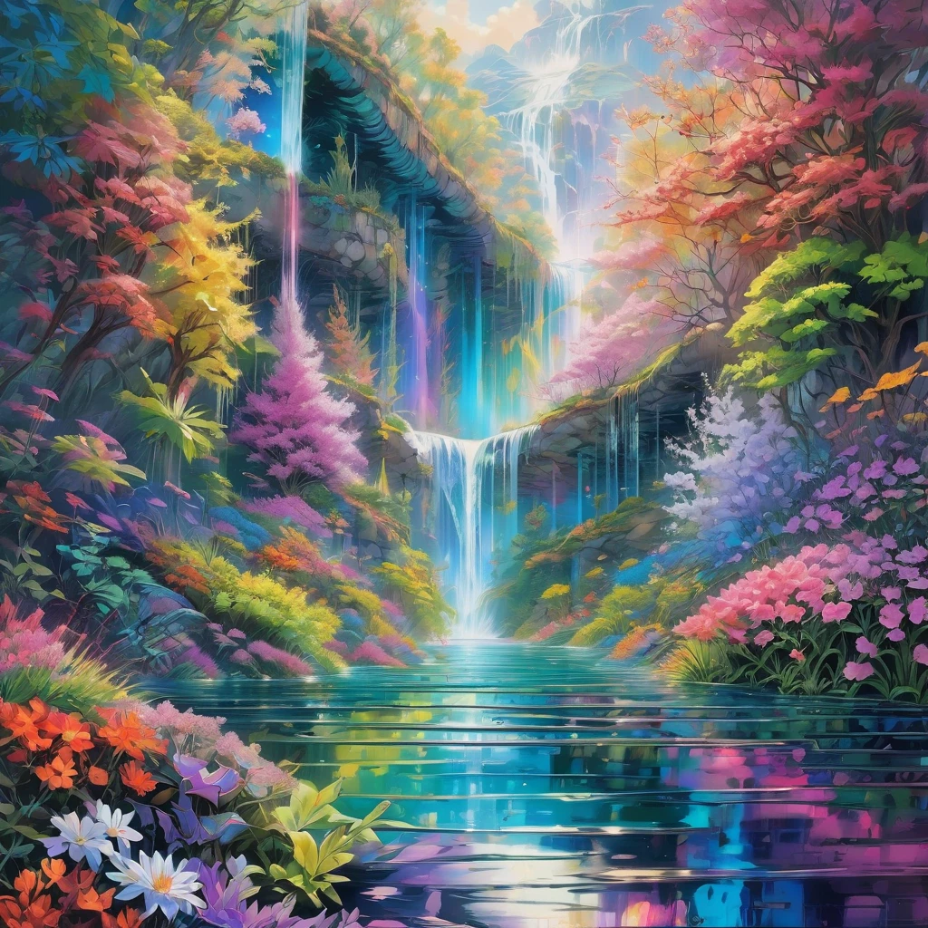 Waterfall, aesthetic, Gorgeous hyper-detailed Waterfall and Mountains with wildflower forest Castle - masterpiece creation by Amanda Sage, Pino Daeni, Wadim Kashin, Eldritch, photorealism, precisionism, hyperdetailed, beautiful, mysterious, hyperrealism, beautiful floating crystals, reflective rainbow colors, surrealism, incredibly detailed, iridescence, mystery, original, unusual, magical wisps