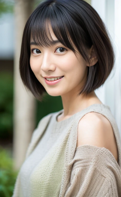 Portrait、8k、high quality、realistic photographic image、28 years old、japanese woman、Reproduces natural and realistic eyes、japanese stand、beautiful black hair、bob cut hair、light makeup、Octane firm、beautiful lighting、composition of golden ratio、laughter、everyday wear、casual clothes、natural background、blurred background、high level emotion、Pure Japanese humanity、beautiful wife、Upper body、light makeup、No makeup、 beauty、plain clothes、green、Plain color、casual clothes、slight smile、small black eyes、background bokeh