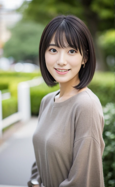 Portrait、8k、high quality、realistic photographic image、28 years old、japanese woman、Reproduces natural and realistic eyes、japanese stand、beautiful black hair、bob cut hair、light makeup、Octane firm、beautiful lighting、composition of golden ratio、laughter、everyday wear、casual clothes、natural background、blurred background、high level emotion、Pure Japanese humanity、beautiful wife、Upper body、light makeup、No makeup、 beauty、plain clothes、green、Plain color、casual clothes、slight smile、small black eyes、background bokeh