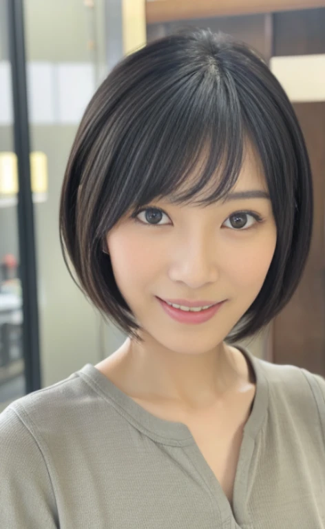 Portrait、8k、high quality、realistic photographic image、28 years old、japanese woman、Reproduces natural and realistic eyes、japanese stand、beautiful black hair、bob cut hair、light makeup、Octane firm、beautiful lighting、composition of golden ratio、laughter、everyday wear、casual clothes、natural background、blurred background、high level emotion、Pure Japanese humanity、beautiful wife、Upper body、light makeup、No makeup、 beauty、plain clothes、green、Plain color、casual clothes、slight smile、small black eyes、background bokeh