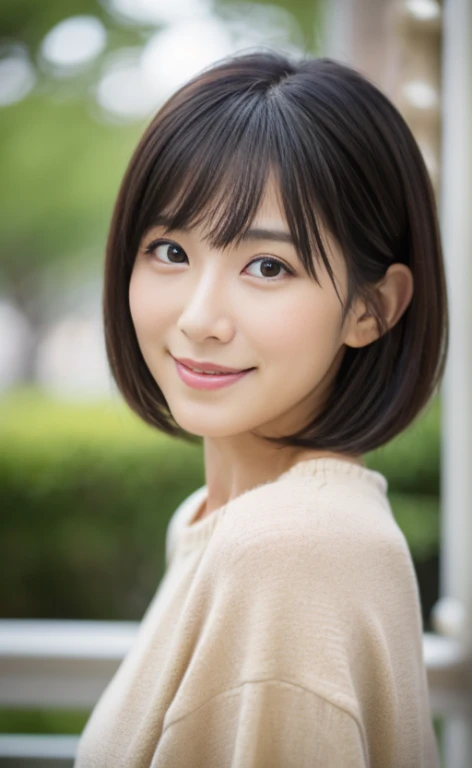 Portrait、8k、high quality、realistic photographic image、28 years old、japanese woman、Reproduces natural and realistic eyes、japanese stand、beautiful black hair、bob cut hair、light makeup、Octane firm、beautiful lighting、composition of golden ratio、laughter、everyday wear、casual clothes、natural background、blurred background、high level emotion、Pure Japanese humanity、beautiful wife、Upper body、light makeup、No makeup、 beauty、plain clothes、green、Plain color、casual clothes、slight smile、small black eyes、background bokeh