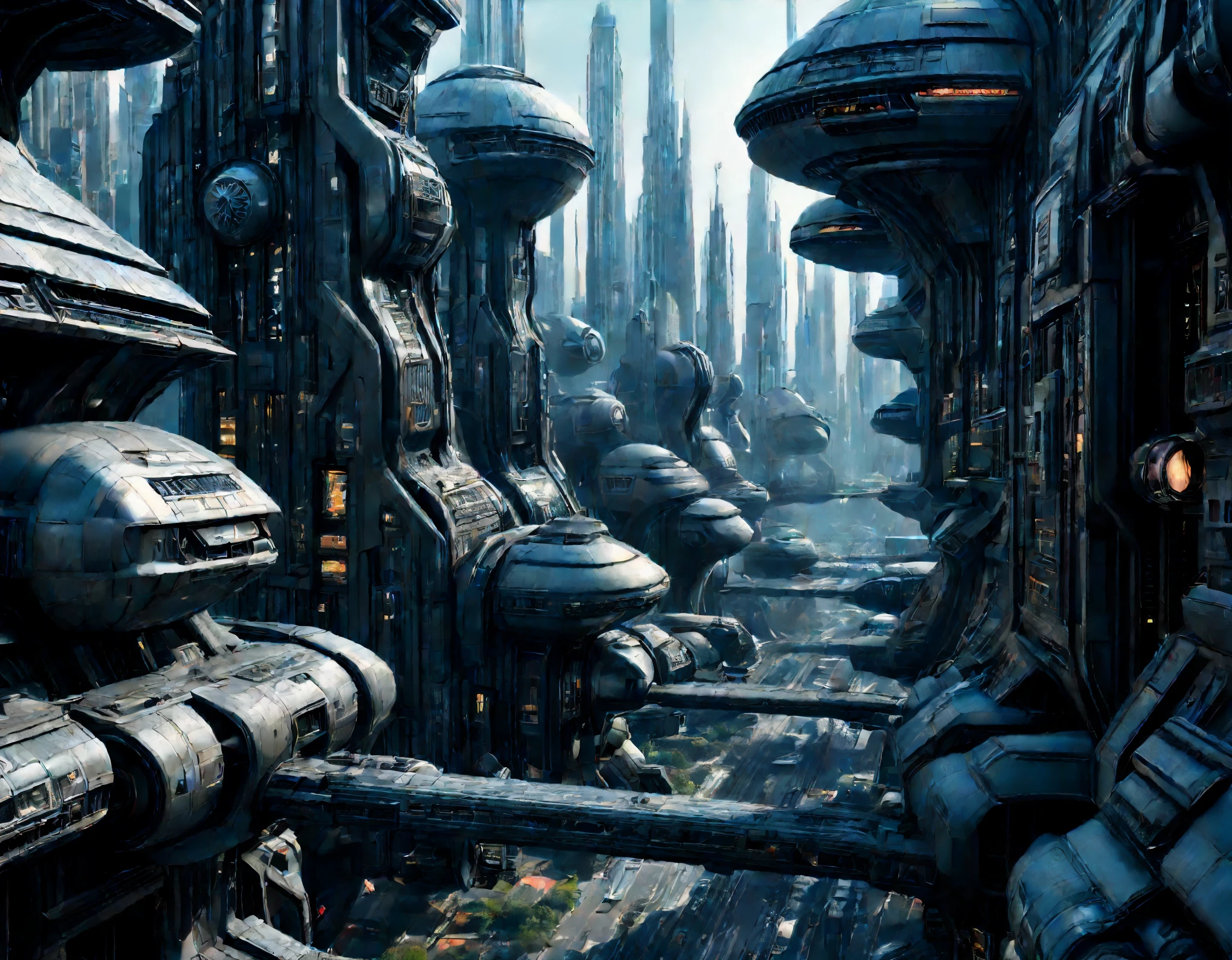 street of an extraterrestrial alien megalopoliezcla de coruscant de star wars y la ciudad futurista de tomorrowland), with futuristic and technological architecture in its metal and glass conglomerado de buildings y rascacielos, some aliens walking around, ventanas iluminadas, all full of imagination, science fiction and (intrincados detalles de la maquina).imagen fotorrealista, Maximum sharpness, calidad 8k.(obra maestra de calidad superior). 3D. cyberpunk, century XXV technolo