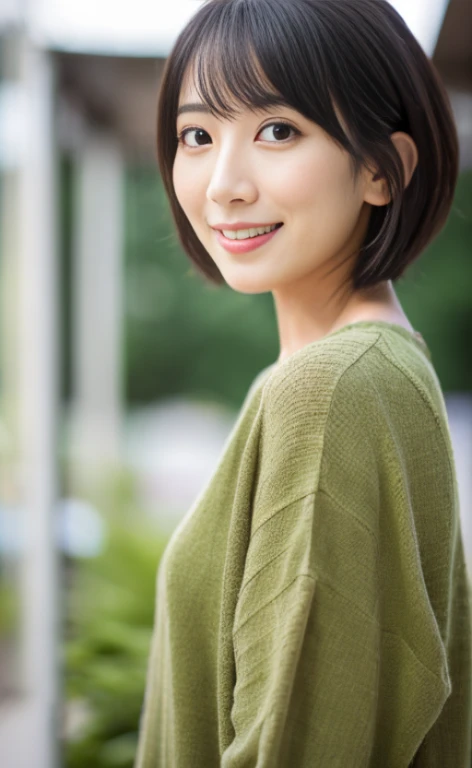 Portrait、8k、high quality、realistic photo images、29-year-old、japanese woman、neat wife、、housewife、Reproduces natural and realistic eyes、japanese stand、beautiful black hair、short hair、light makeup、octane rendering、beautiful lighting、composition of golden ratio、laughter、everyday wear、casual clothes、natural background、blurred background、High level image quality、Pure Japanese humanity、beautiful wife、Upper body、light makeup、No makeup、pure beauty、plain clothes、grey、beige、green、Plain color、casual clothes、slight smile、small black eyes、background bokeh