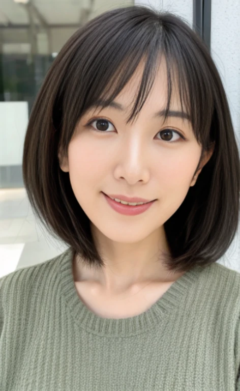 Portrait、8k、high quality、realistic photographic image、28 years old、japanese woman、Reproduces natural and realistic eyes、japanese stand、beautiful black hair、bob cut hair、light makeup、Octane firm、beautiful lighting、composition of golden ratio、laughter、everyday wear、casual clothes、natural background、blurred background、high level emotion、Pure Japanese humanity、beautiful wife、Upper body、light makeup、No makeup、 beauty、plain clothes、green、Plain color、casual clothes、slight smile、small black eyes、background bokeh