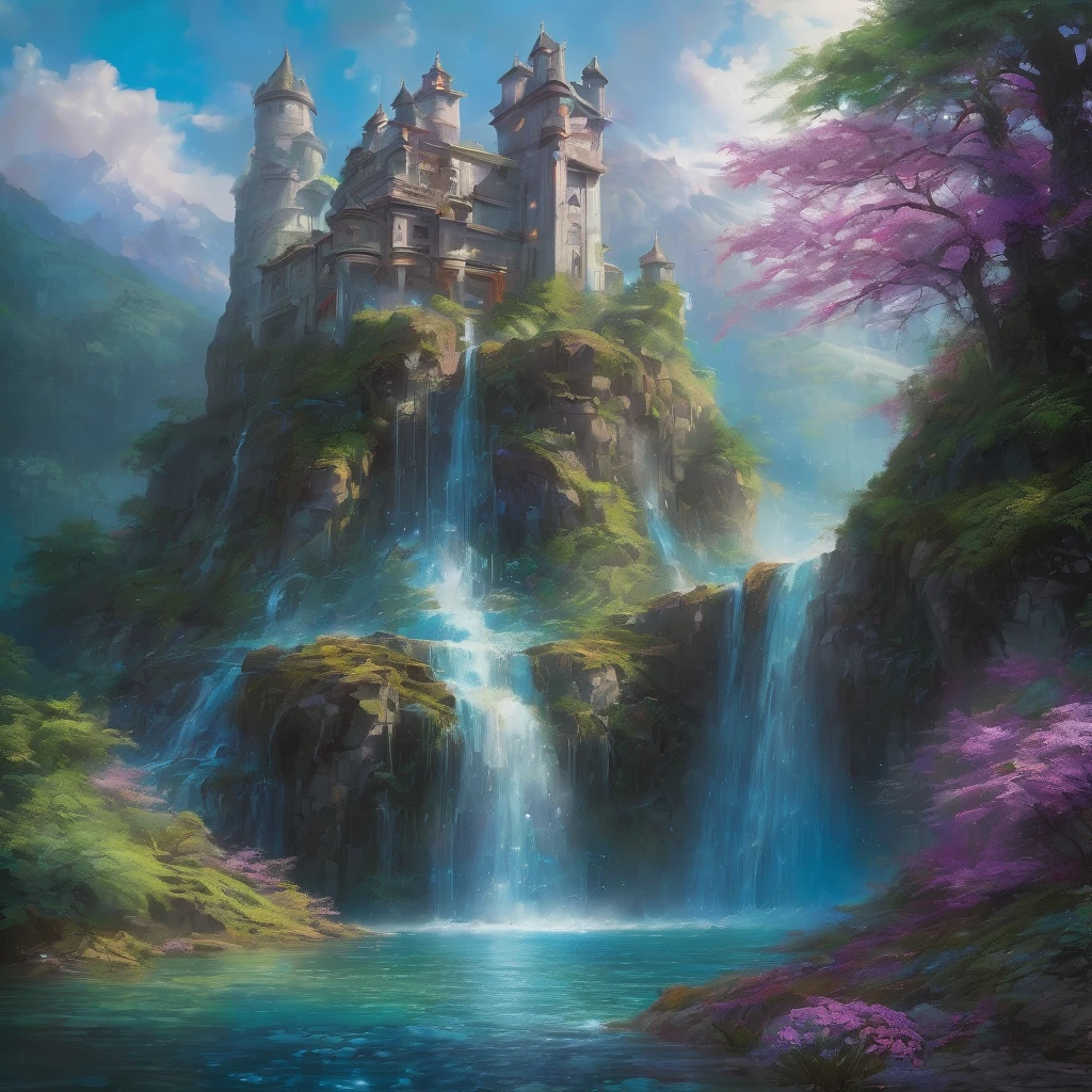 Waterfall, aesthetic, Gorgeous hyper-detailed Waterfall and Mountains with wildflower forest Castle - masterpiece creation by Amanda Sage, Pino Daeni, Wadim Kashin, Eldritch, photorealism, precisionism, hyperdetailed, beautiful, mysterious, hyperrealism, beautiful floating crystals, reflective rainbow colors, surrealism, incredibly detailed, iridescence, mystery, original, unusual, magical wisps