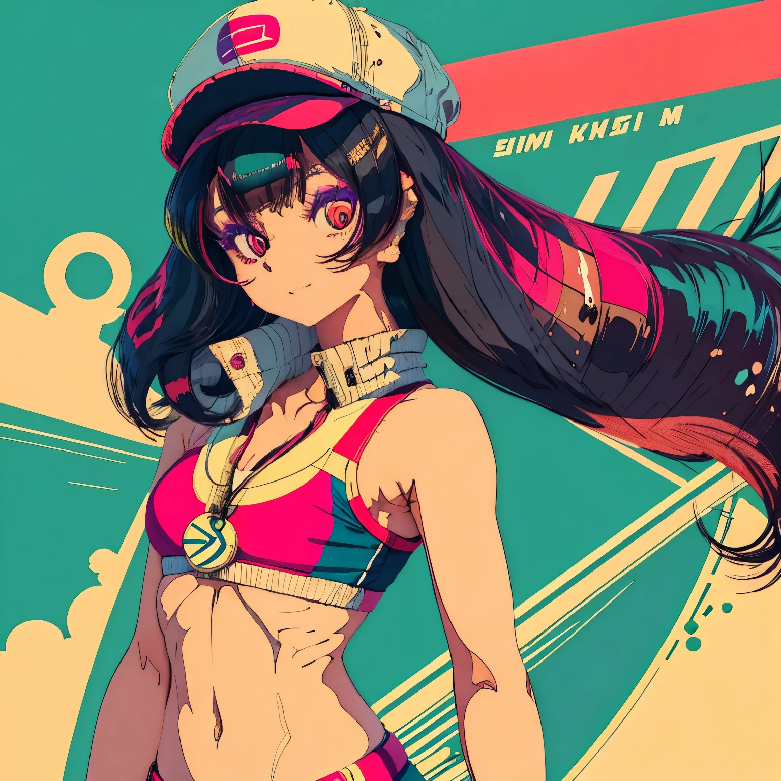 "Design logo featuring Japanese anime style girl character, placed against a plain background. bikini.Rendered in pop art style, Show the character’s fashionable personality. Highlight vibrant colors and smooth gradients, While retaining the overall simple and modern aesthetic." --automatic