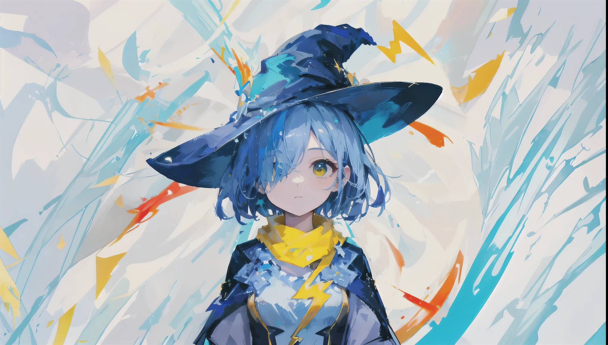 (Masterpiece:0.9), (best quality:1.1), hyper details, BREAK , 1girl BREAK ,(hair over one eye:1.1),(blue hair,short hair, Yellow lightning bolt ornament on the brim of a solid blue witch, blue dress, Yellow scarf in the shape of lightning:1.3), HDR,(fireflies are flying:1.3)，Extremely detailed Cg Unity 8K wallpaper，lens flare glow，beatiful detailed eye，multicolour hair，Colored light particles, Heterochromia, (Colorful:1.5),