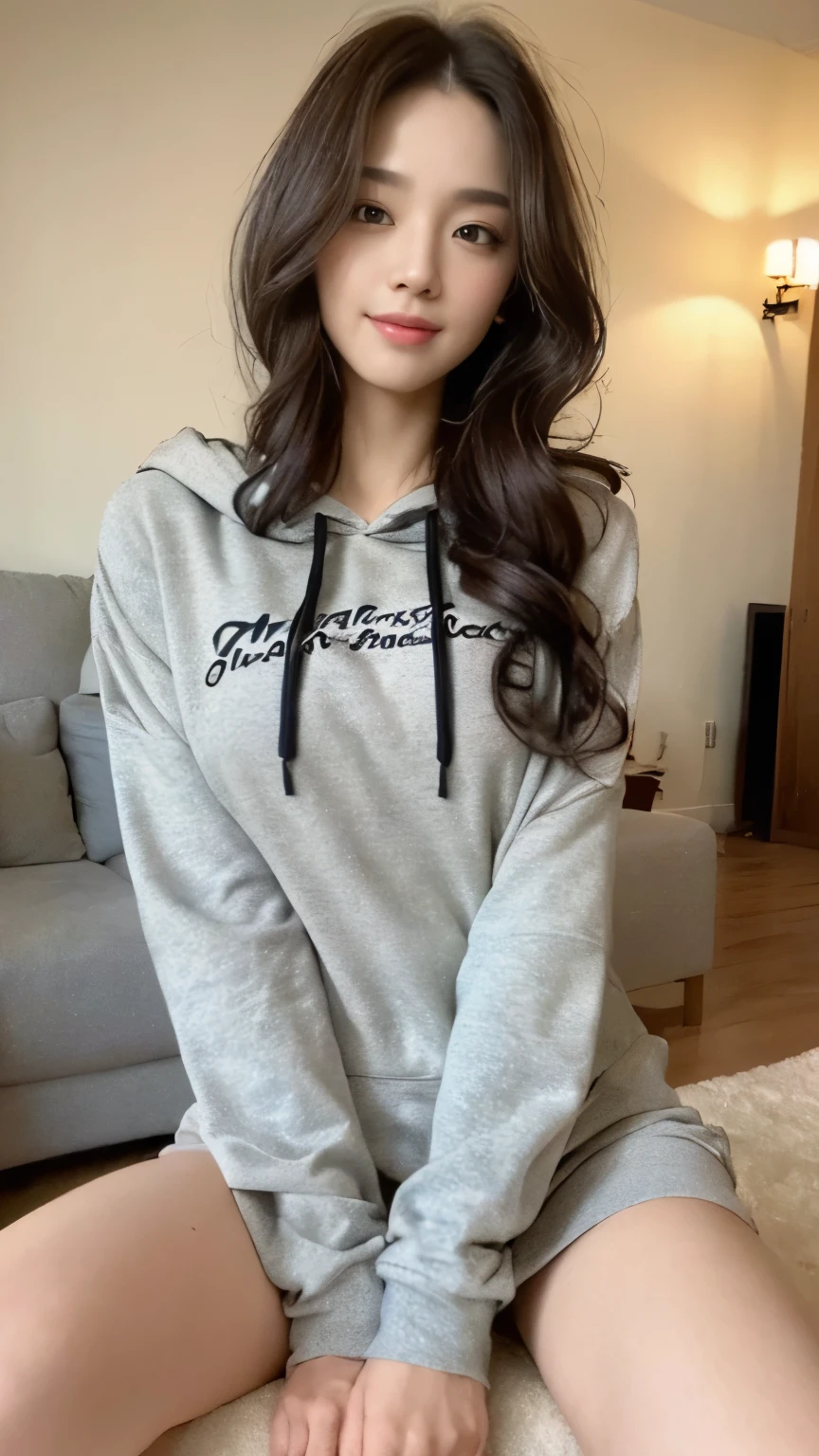 ((top-quality、8k、masterpiece:1.3))、Beautiful woman with perfect body:1.4、slim abdomen:1.2、Longhair, normal breast, Highly detailed facial and skin texture, A detailed eye, delicate eyes, double eyelid, (smile), (full body shot), ((living room)), (sitting on sofa), ((wearing hoodie)), looking in front