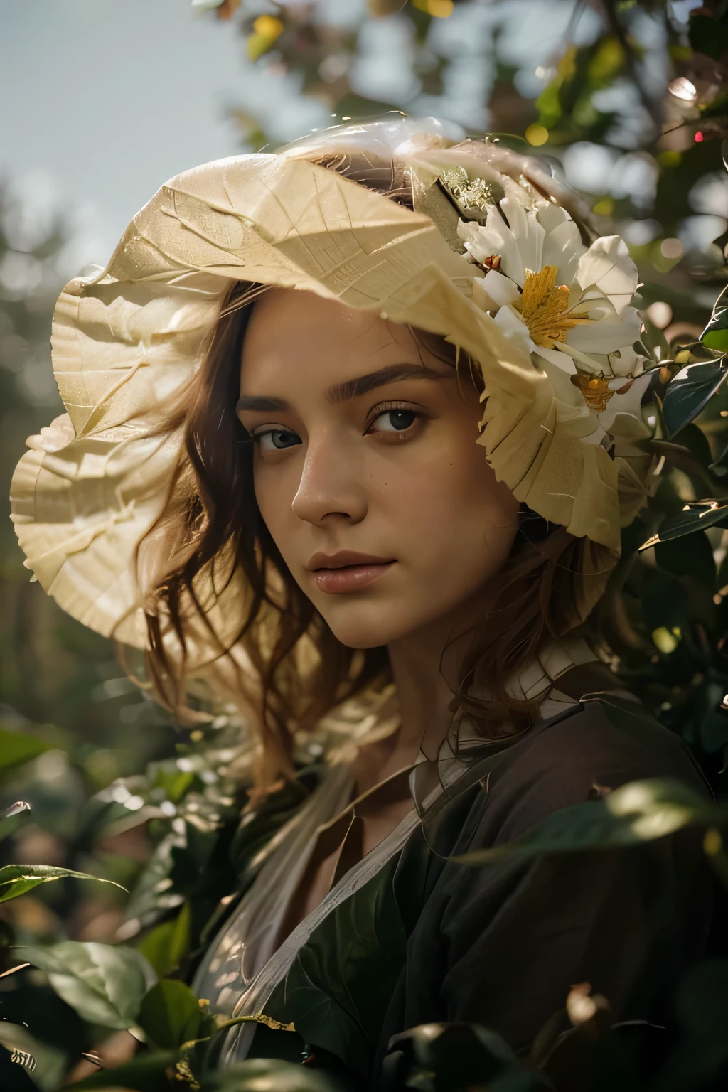 (Best quality, Ultra detailed, Golden ratio, Masterpiece:1.2), Theatrical lighting:0.7, Photo of a flower, grown in a very elegant and pretty leaves, Perfect rare view, (Highly detailed skin), Ridicule, skin texture, Pale skin, shiny skin, (thin, large size:1.2), [:(Sharp focus on rare face, perfect eyes:1.2):0.2], photorealistic, film grain, summer haze, muted colors, muted warm colors, Photo cinematic portrait of a flower with picture perfect background, cinematic, (tilted:1.3) volumetric dust clouds, key light, backlight, soft natural lighting, photography Film grain ISO 400 30 mm lens RAW f1.8 aperture, highly detailed (analog photography:1), colors hdr