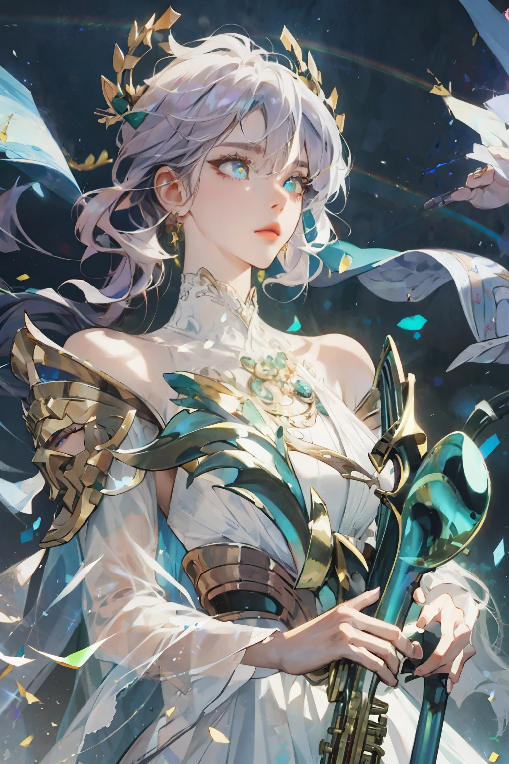 3d，King of Glory，New hero skin，change，heroine，Athena pictures，Dynamic，Correct light and dark lighting，设计一款King of Glory貂蝉绝世的新皮肤 masterpiece, best quality, Long flowing rainbow hair, blue, and green, masterpiece, best quality at best, light, saxophone blue, platinum earrings, platinum necklace, white dress,(dynamic lighting:1.2), light, Exquisite facial features, delicate eyes, sharp pupils,