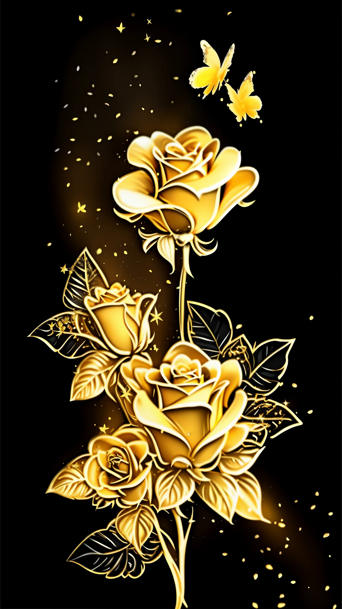 a close up of a gold rose with butterflies on a black background, gold flowers, golden flowers, flowers and gold, black and gold rich color, mobile wallpaper, gold theme, black and gold colors, gold flaked flowers, golden theme, realistic gold, phone wallpaper hd, phone background, hd phone wallpaper, phone wallpaper, gold black, wallpaper mobile