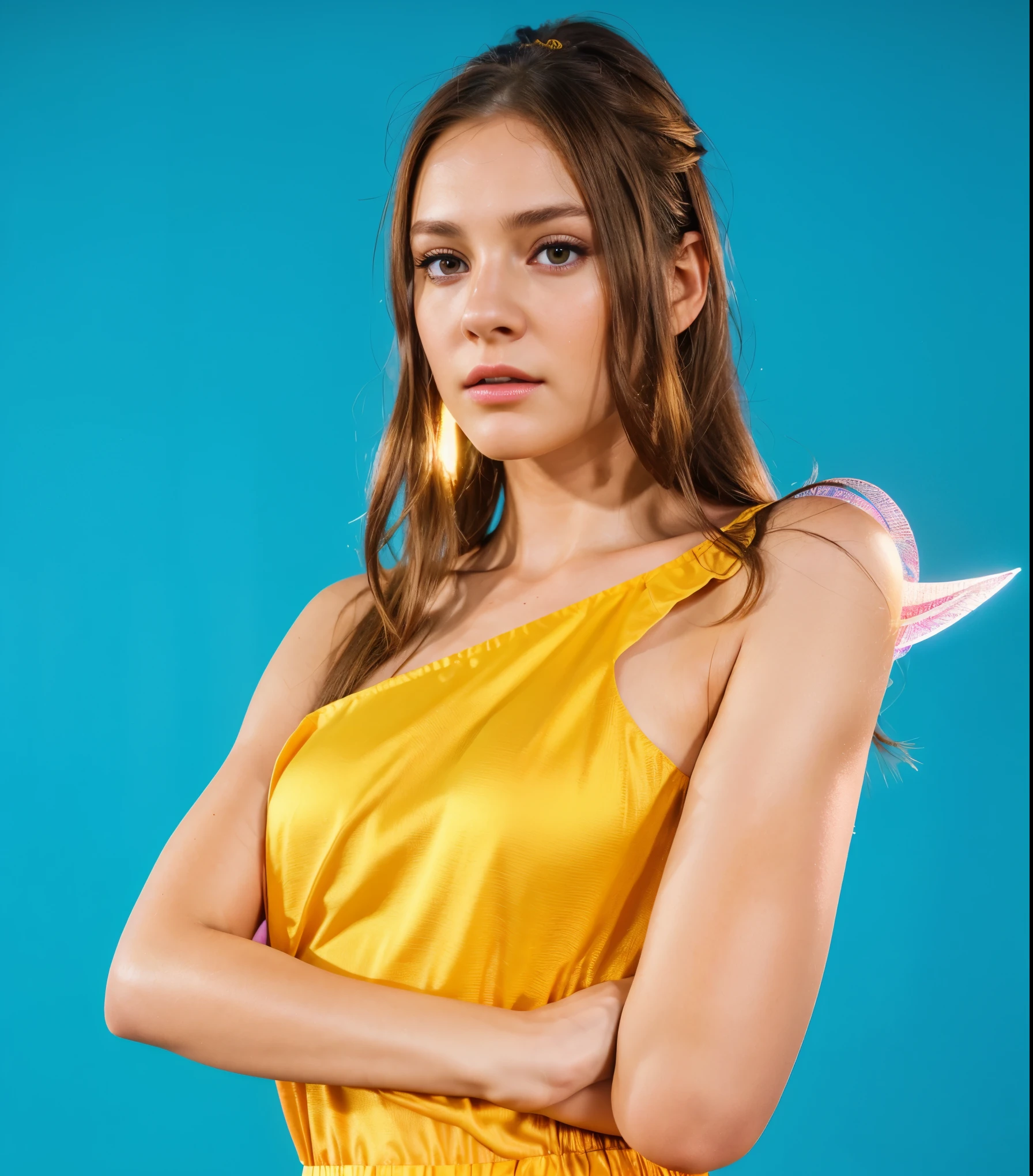 A european girl with brown hairstyle, wearing a yellow dress, looks angry. Satin skin with natural texture, ultra realistic hyper realistic body skin texture ultra realistic a girl with long brown hair, wearing a yellow shirt, her hands. She has a frightened expression on her face, perfect smooth skin. with long brown hair, smoot, multiple light sources, rim light, sharp post effects render, perfect cgi, digital art, detailed digital art, reflective, best quality, 4k, masterpiece:1.2, ultra-detailed, realistic, vivid colors, dark and moody lighting, The image of the highest quality, ensuring every detail showcased perfectly. It in 4k resolution, allowing viewers to immerse themselves in the richness of the colors and intricate details. The realistic rendering. under the spotlight, reflecting, high-resolution image, realistic rendering, dark background, and rim light