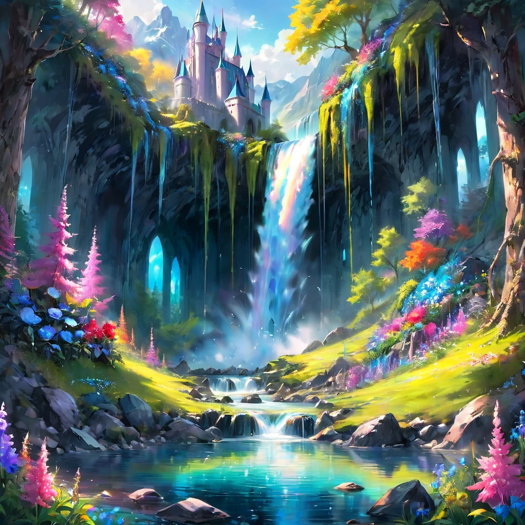 Waterfall, aesthetic, Gorgeous hyper-detailed Waterfall and Mountains with wildflower forest Castle - masterpiece creation by Amanda Sage, Pino Daeni, Wadim Kashin, Eldritch, photorealism, precisionism, hyperdetailed, beautiful, mysterious, hyperrealism, beautiful floating crystals, reflective rainbow colors, surrealism, incredibly detailed, iridescence, mystery, original, unusual, magical wisps