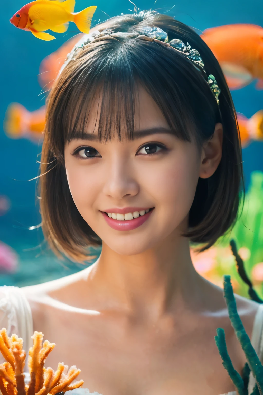 ((table top:1.4, highest quality)), (realistic pictures:1.4),
((1 girl)),
(超High resolution:1.2), very delicate and beautiful, wonderful, Highly detailed CG Unity 8k wallpaper, Super detailed, High resolution,
soft light, beautiful detailed girl, highly detailed eyes and face, beautifully detailed nose, beautiful and detailed eyes,
(princess of fairyland:1.3),
cinematic lighting, perfect anatomy, slender body, , (parted bangs),
(In the sea of coral reefs:1.3), (colorful tropical fish:1.3),
cowboy shot, looking at the viewer, smile