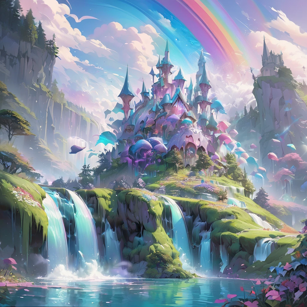 Waterfall, aesthetic, Gorgeous hyper-detailed Waterfall and Mountains with wildflower forest Castle - masterpiece creation by Amanda Sage, Pino Daeni, Wadim Kashin, Eldritch, photorealism, precisionism, hyperdetailed, beautiful, mysterious, hyperrealism, beautiful floating crystals, reflective rainbow colors, surrealism, incredibly detailed, iridescence, mystery, original, unusual, magical wisps