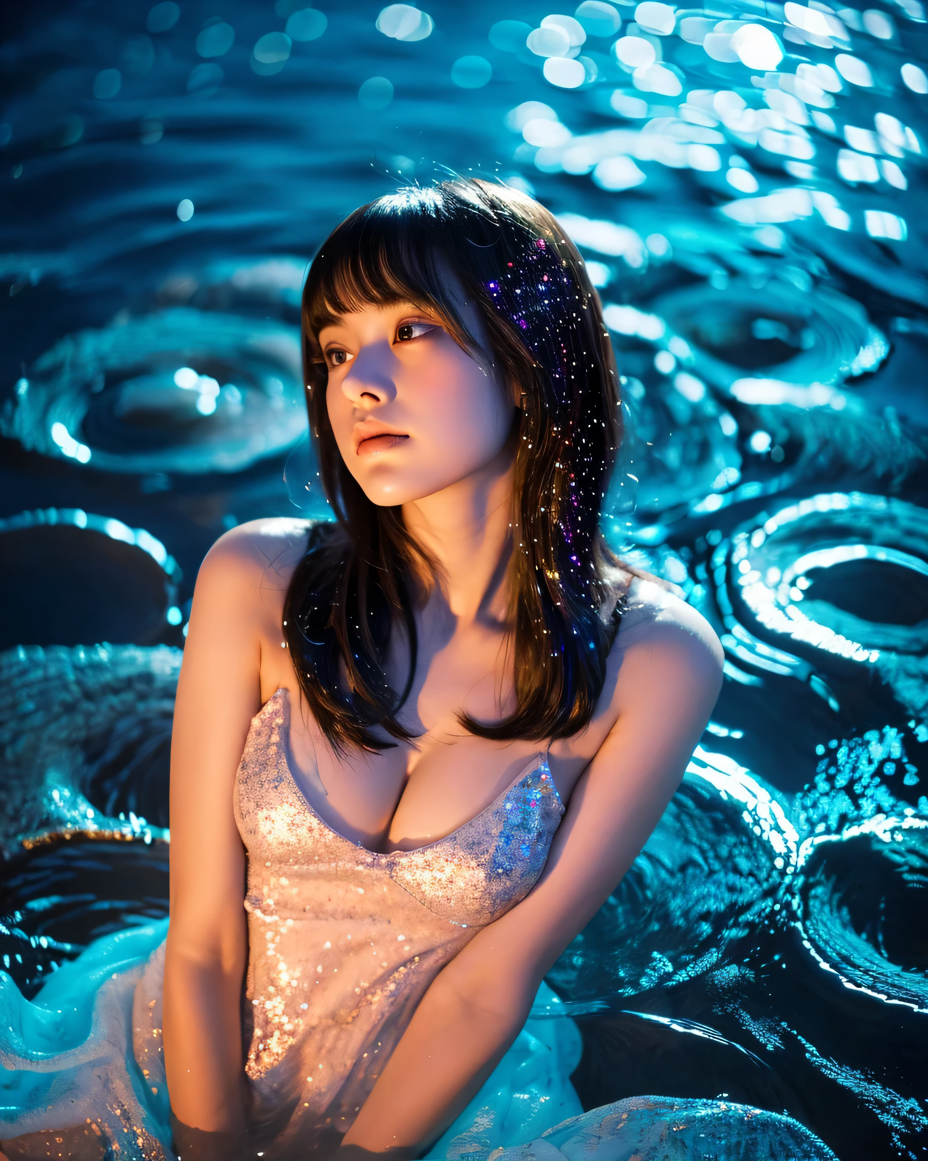 (highest quality, 8K, High resolution, masterpiece:1.2, unrealistic), beautiful japanese girl, 18-year-old, close up shot, Naked in the pool, (Above the water surface above the chest:1.3), Lonely profile, look up at the sky, (Hair that sparkles like the starry sky:1.5), Super Long Straight Silk Hair, asymmetrical bangs, big magical eyes, High resolution eyes that sparkle like a starry sky, smooth soft skin, High resolutionの完璧な鎖骨, High resolutionの美しい胸元, Soft big breasts, blue night, The water surface shines colorfully, illumination, colorful lights, sparkling light effect, professional lighting, professional photographer