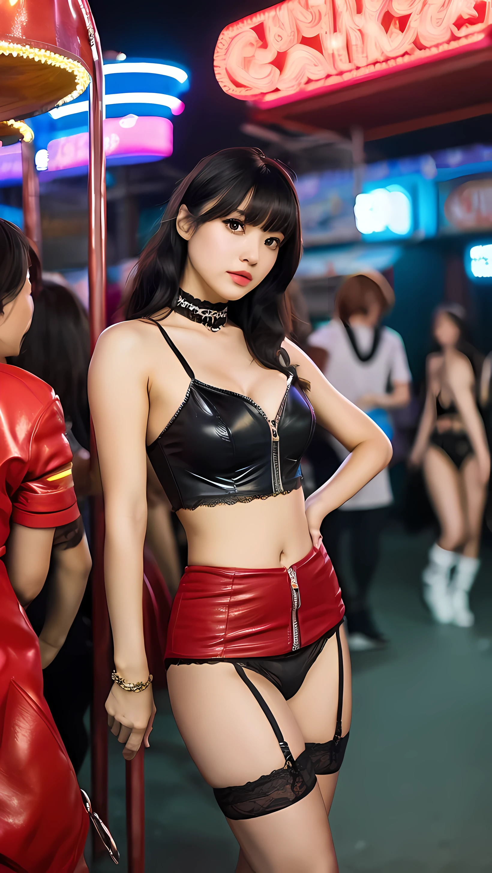 (Ultra-detailed eyes), (((textile shading))), (((Best Quality))), (((masterpiece))), sassy girl, (((realistic))), solo, black hair, red black hair, black hair, black hair, unusual hairstyles choices, ((ponytail emo hair with bangs, gorgeous hair)), Pink eyes, (((retro futuristic Outfits))), ((carnival pose)), (((Game CG)), (gorgeous, sassy, it girl), in carnival ride in the city at night, strong night carnival atmosphere, cowboy shot, midshot, front look, centered image, eye on camera, red color Zipped Leather Biker Jacket, Cropped Denim Vest, japanese hotties in kinky lingerie get naked in front of cameras, nipples, breasts, multiple girls, 2girls, pubic hair, female pubic hair, navel, out-of-frame censoring, Mini Skirt, carnival color, unusual fashion choices