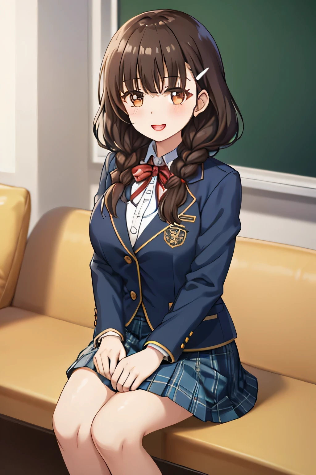 highest quality, (masterpiece:1.2), very detailed, pure white background, 1 girl, looking at the viewer, open your mouth, nice smile, brown eyes, Long brown hair, , long braids, big hair clip, school uniform, dark blue plaid skirt, middle long skirt, white shirt, blue jacket, Golden emblem on left chest, big red ribbon on the chest, lipstick、very shiny hair、laughter、bright look、My eyes are shining、The light makes my face and hair shine, There's a lot of light in your eyes, The corners of the eyes are drooping, cute braids, leather shoes