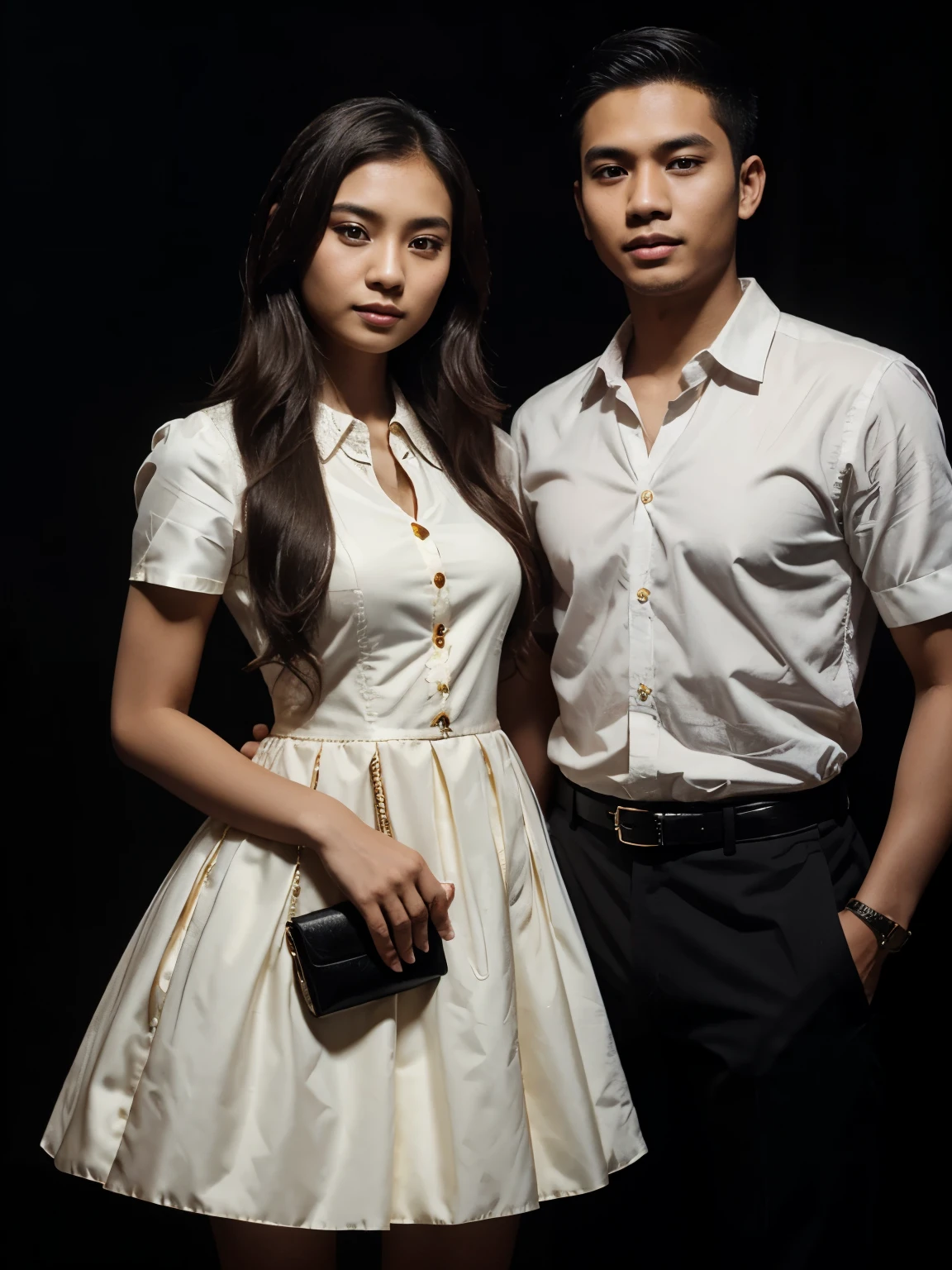 a handsome young Indonesian man with neat short hair. with a beautiful young Indonesian woman with long wavy hair. a man dressed in a shirt and a woman dressed in a princess Dress, Black Background