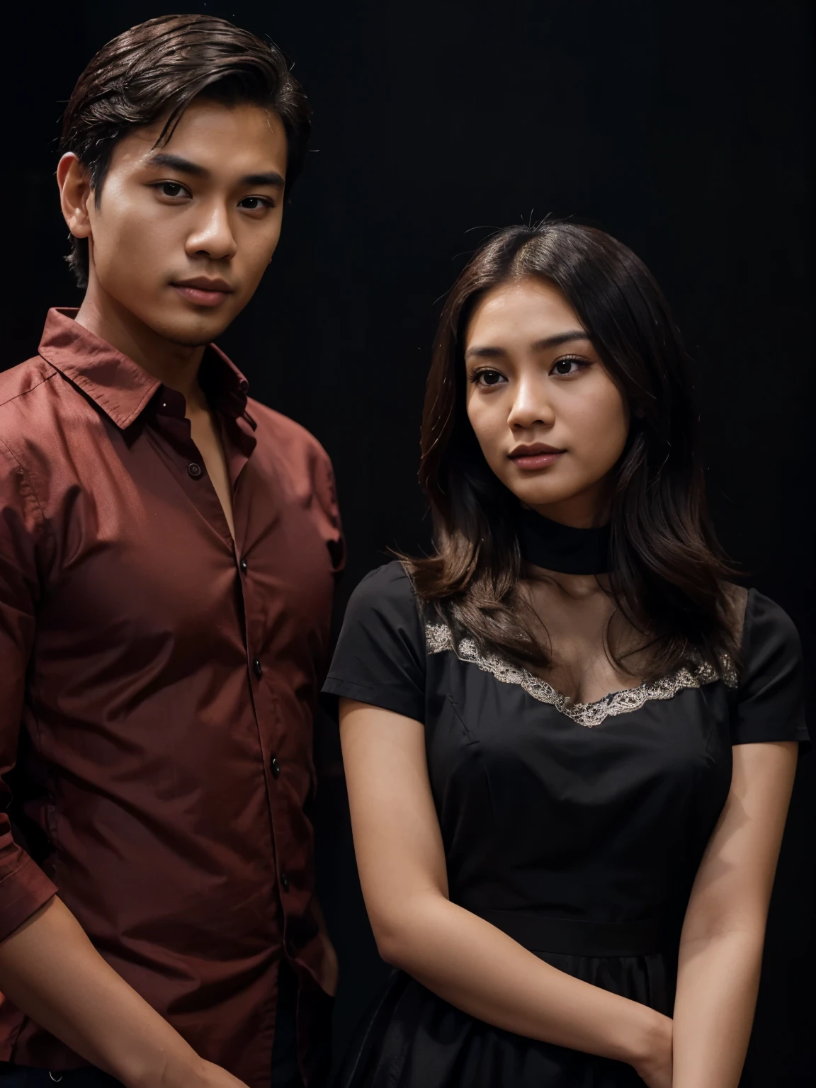 a handsome young Indonesian man with neat short hair. with a beautiful young Indonesian woman with long wavy hair. a man dressed in a shirt and a woman dressed in a princess Dress, Black Background