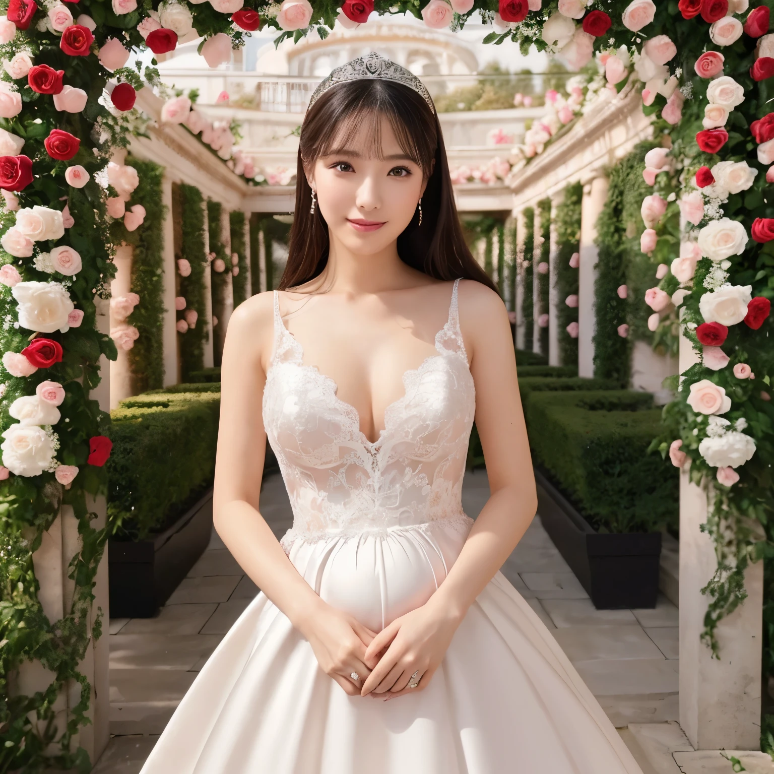(table top、highest quality、8k、very detailed and intricate details、Award-winning work、ultra high resolution)、(pregnant princess in a wedding dress:1.1)、(Gorgeous huge rose field with depth:1.3)、(A wedding ceremony is held in a flower garden filled with bright roses.:1.3)、(Finest garden of giant roses inspired by the Palace of Versailles:1.3)、(Surrounded by a huge, high-end flower tunnel:1.3)、(Huge finest rose arch:1.3)、(Wedding road surrounded by roses on both sides:1.3)、(Wedding road in the rose garden of the Palace of Versailles filled with tons of roses:1.3)、(Bride surrounded by lots of flowers:1.1)、(A rose field filled with lots of pink, white, and red roses:1.3)、(Detailed beautiful mass of flowers:1.1)、Finely drawn ultra-high definition background、A princess in a bridal suit standing elegantly、Big breasts that are about to burst、photo of the bride&#39;s upper body、the best smile looking at me、(最も贅沢なhighest qualityの巨大なお姫様のティアラ:1.1)、(最も贅沢なhighest qualityの巨大なお姫様のネックレス:1.1)、(perfect and accurate wedding lace:1.3)、Very bright lighting、Beautiful skin that shines white、perfect makeup、accurate ???????、(Very intricately decorated down to the last detail.:1.1)、ultra high definition hair、ultra high resolutionの完璧な美しい歯、Ultra high definition beauty face、ultra high definition hair、Super high-definition sparkling eyes、輝くultra high resolutionの白い肌、ultra high resolutionの艶やかな唇、(face forward:1.1)
