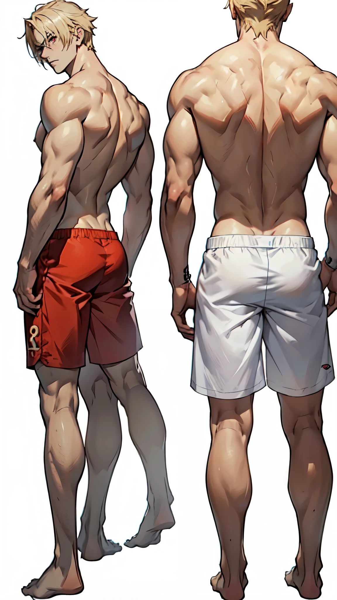 ((back view shot of an anime handsome shirtless young man in swimming trunks)), bare feet, shirtless, back turned to the viewer, ((light blonde hair)), ((pale skin)), (Leon Kennedy), red eyes, anime character sheet, character concept, full body concept, single character full body, male protagonist 👀 :8, anime style character, anime character, ((empty white background))