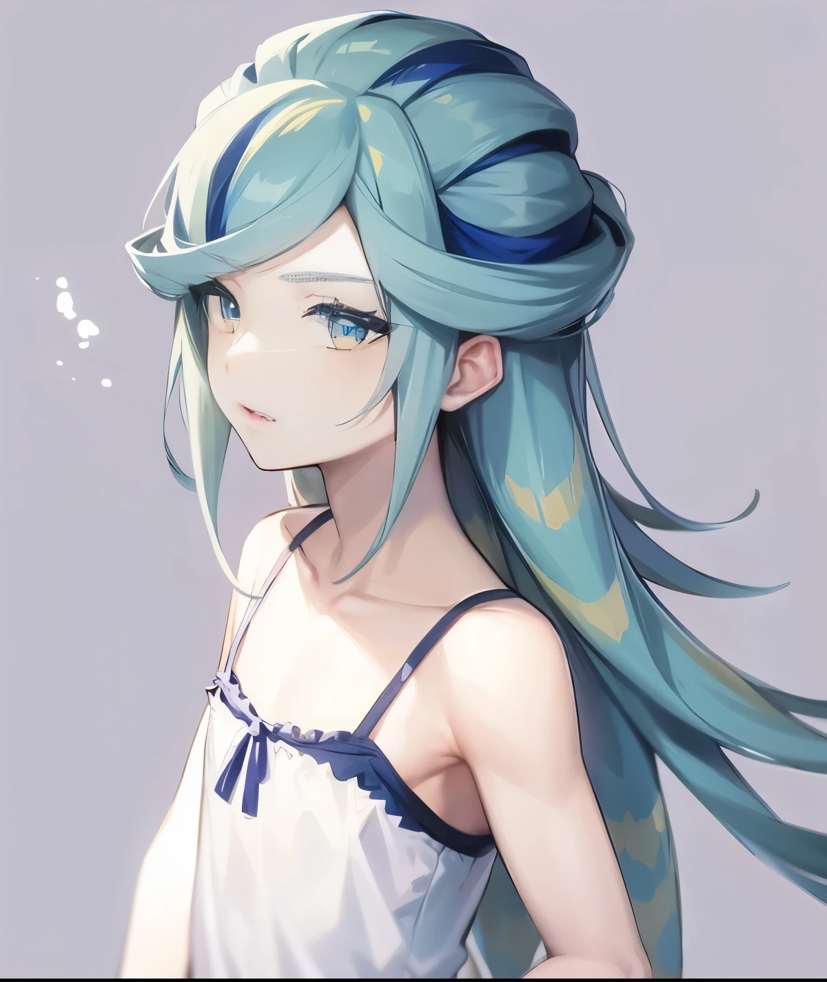 anime boy with long green hair and blue eyes in a white camisole, anime boy with teal hair, with long turquoise hair, blue eyed man, clothing:white camisole, anime boy with long hair, 美しいblue-green hair***, Braid, half up hair, blue-green hair, zodiac boy, Camisole underwear, white mini skirt, pretty anime boy, (anime boy), beautiful anime boy, portrait zodiac boy, 白いCamisole underwearを着て, casual atmosphere,
