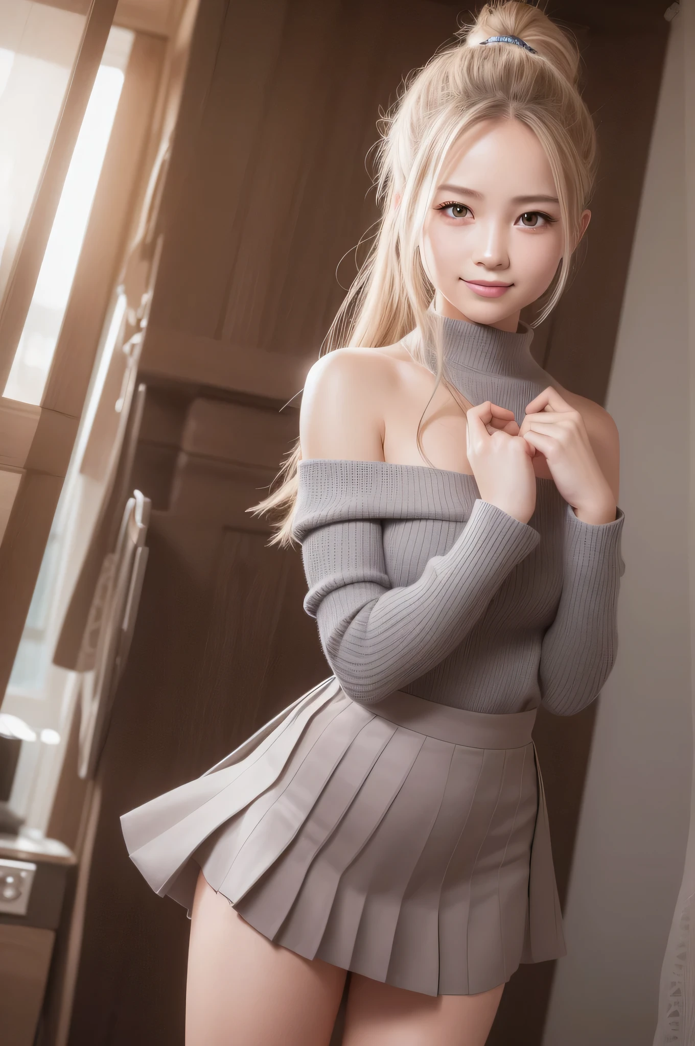 highest quality、8k Masterpiece、超A high resolution、(Photoreal:1.3)、RAW photo、1 girl、silvery hair、ponytail、glowing skin、1 super beautiful female college student、((Ultra realistic details))、Portrait、global illumination、Shadow、octane rendering、8k、super sharp、very intricate details、realistic light、CG Society Trends、beautiful eyes、shining eyes、towards the camera,boots,miniskirt,bare shoulders,constriction,calf,pleated skirt,natural portrait photography,smile