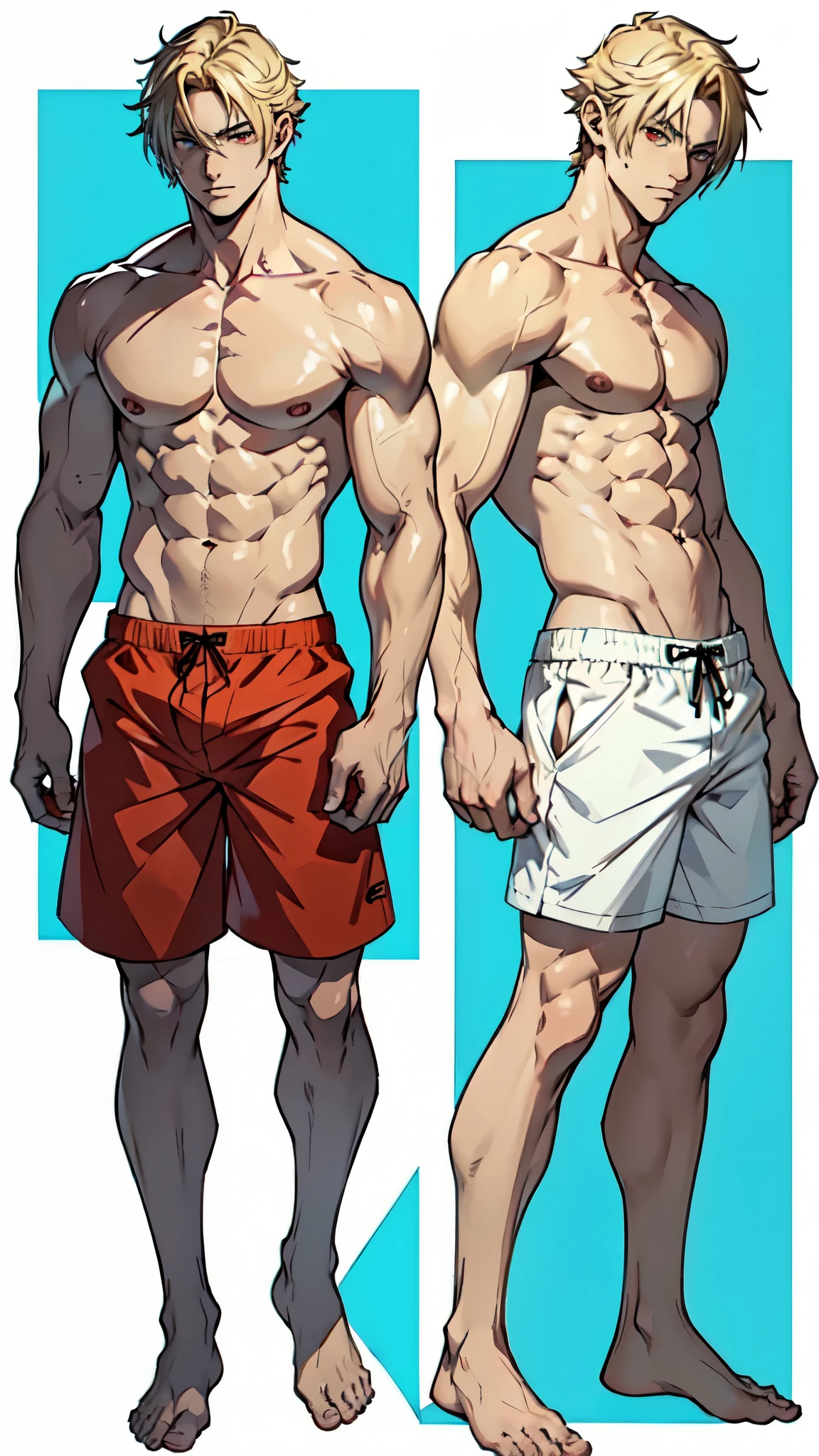 ((full body shot of an anime handsome shirtless young man in swimming trunks)), bare feet, shirtless, ((light blonde hair)), ((pale skin)), ((Leon Kennedy)), red eyes, anime character sheet, character concept, full body concept, single character full body, male protagonist 👀 :8, anime style character, anime character, ((empty white background))