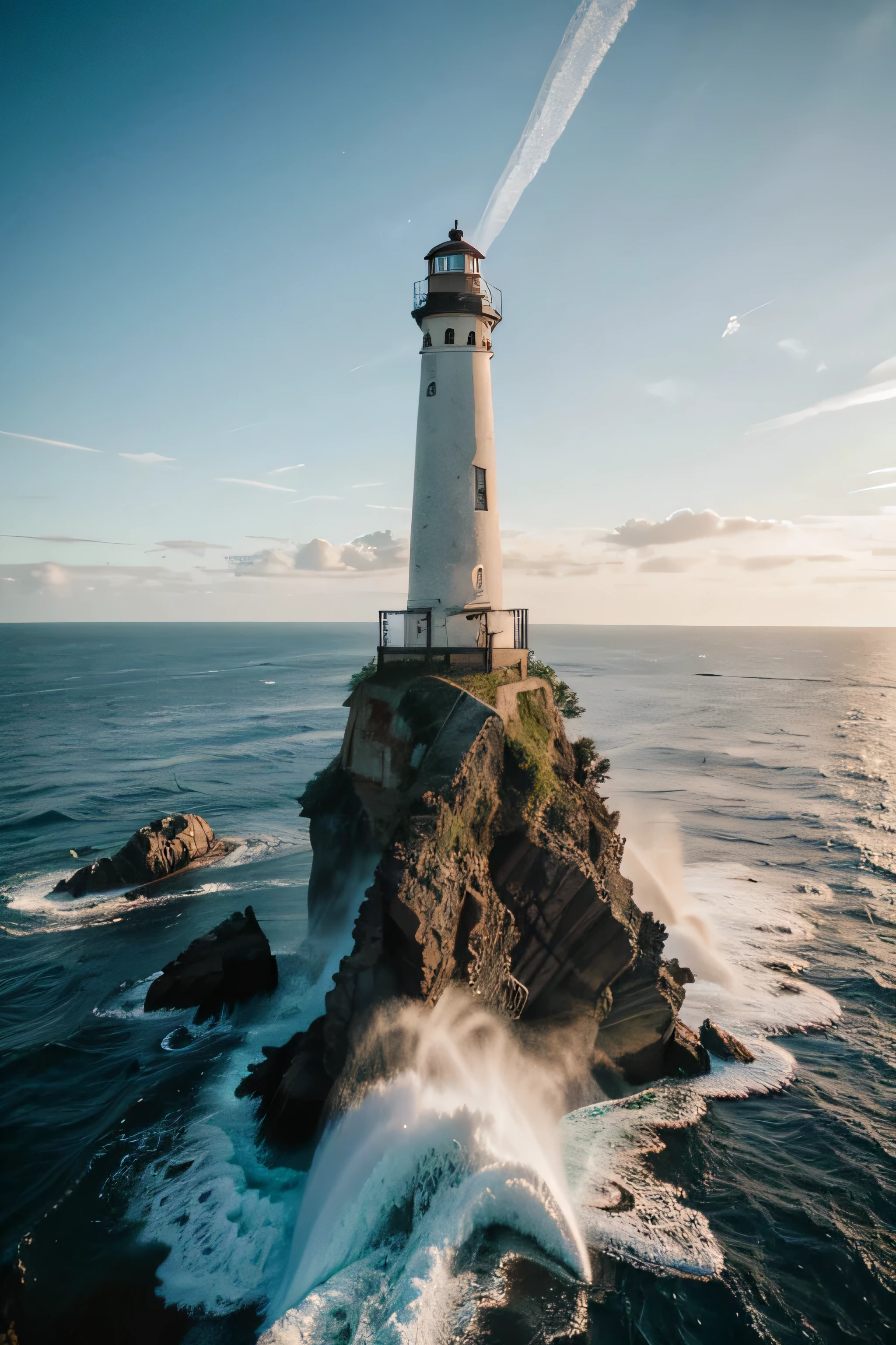 ocean smashing against a lighthouse with a rocky base