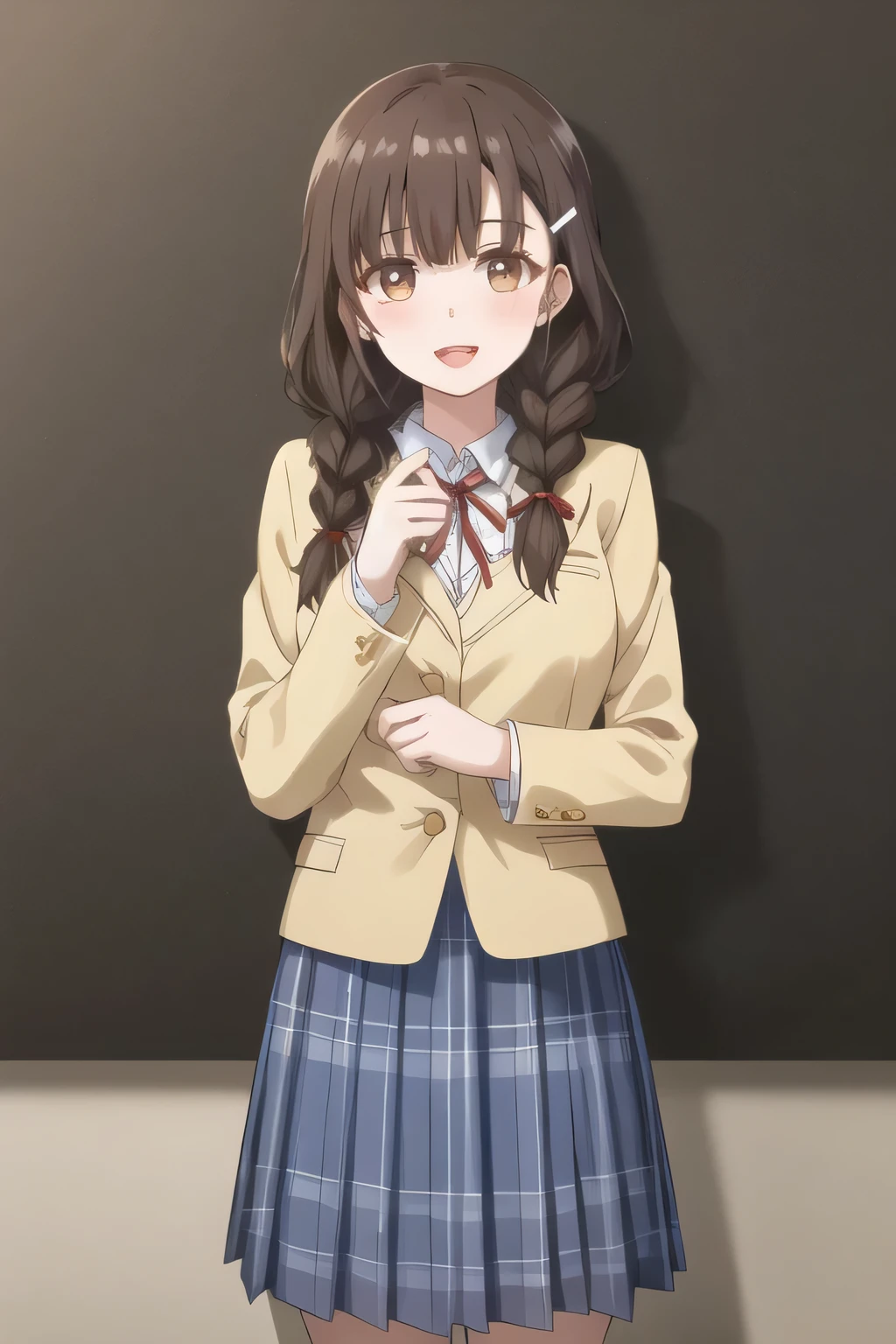 highest quality, (masterpiece:1.2), very detailed, pure white background, 1 girl, looking at the viewer, open your mouth, nice smile, brown eyes, Long brown hair, 15 years old, long braids, big hair clip, school uniform, dark blue plaid skirt, middle long skirt, white shirt, blue jacket, Golden emblem on left chest, big red ribbon on the chest, lipstick、very shiny hair、laughter、bright look、My eyes are shining、The light makes my face and hair shine, There's a lot of light in your eyes, The corners of the eyes are drooping, cute braids, leather shoes